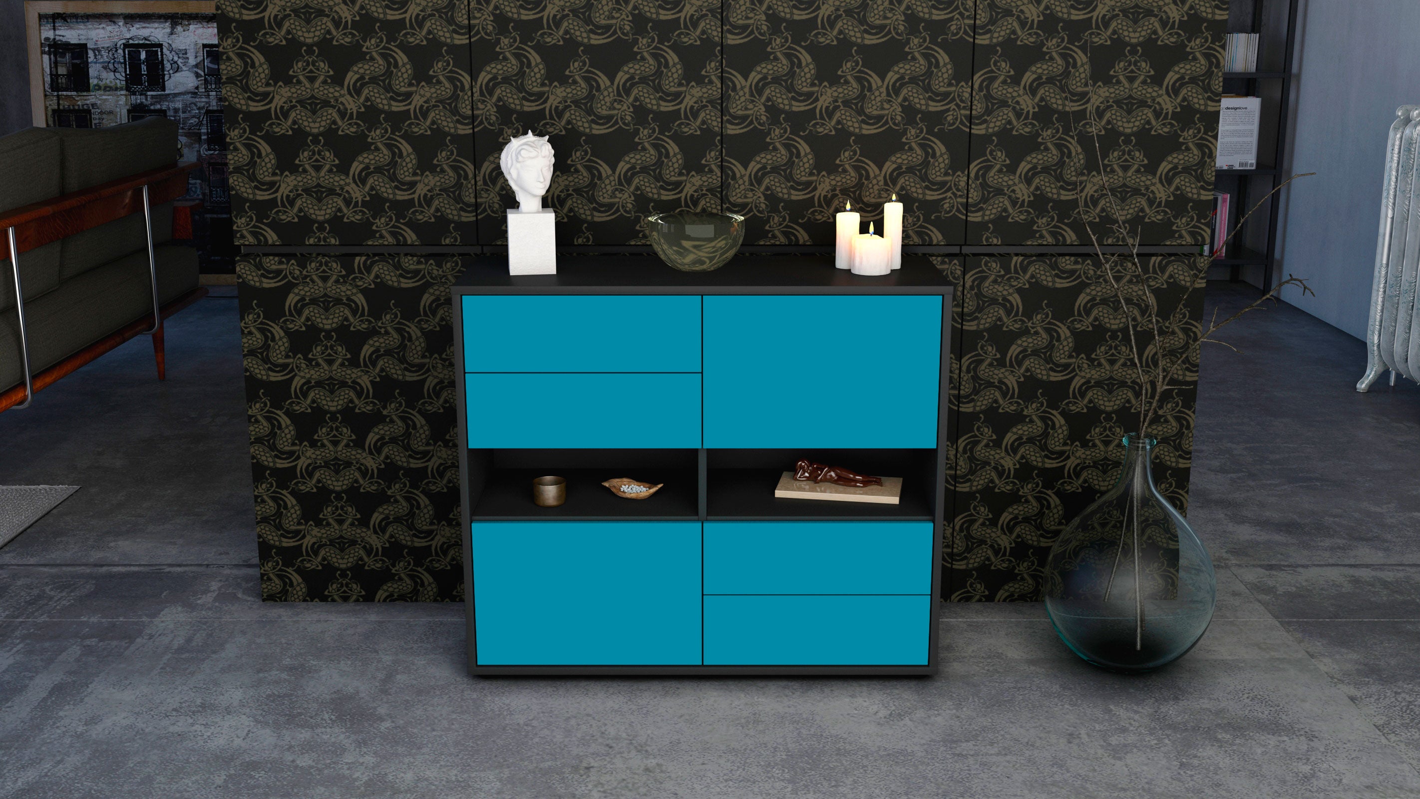 Sideboard - Claudia - Design Farbakzent - Freistehend mit Push to open  92 cm Anthrazit