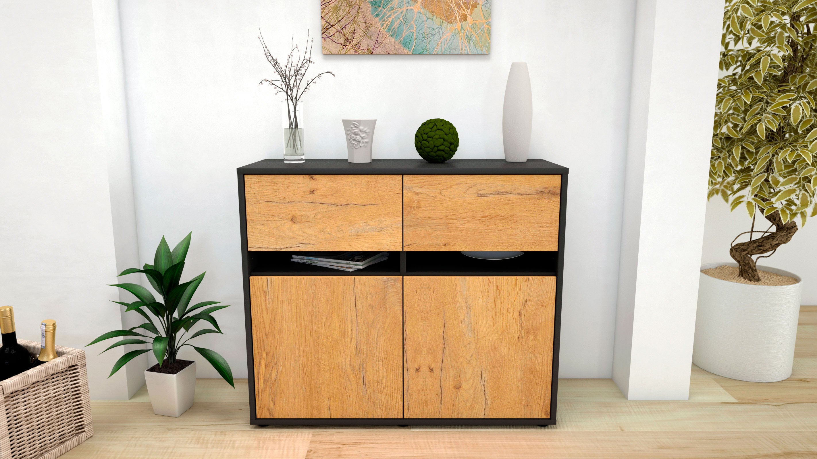Sideboard - Clea - Design Holzdekor - Freistehend mit Push to open  92 cm Anthrazit