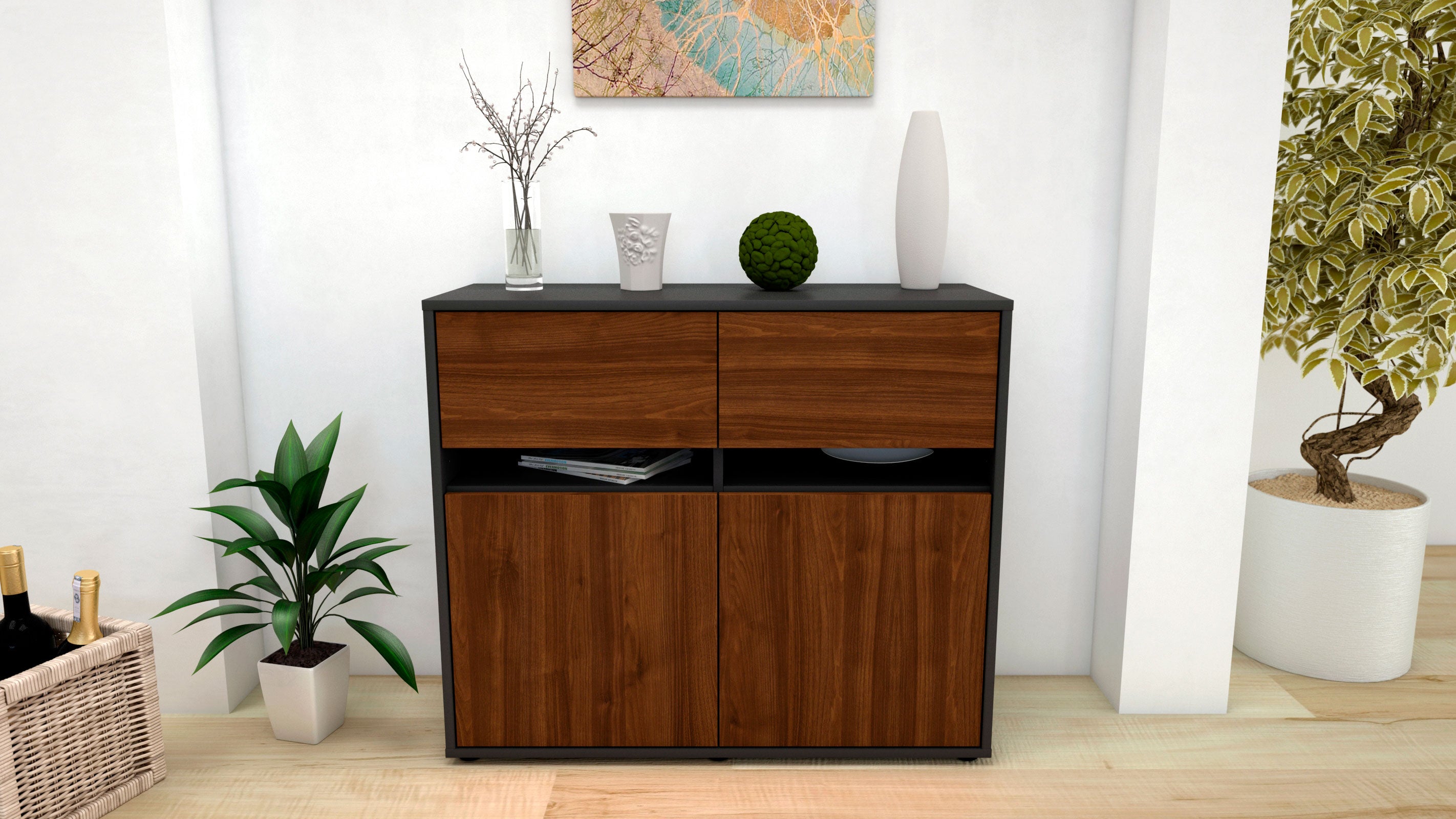 Sideboard - Clea - Design Holzdekor - Freistehend mit Push to open  92 cm Anthrazit