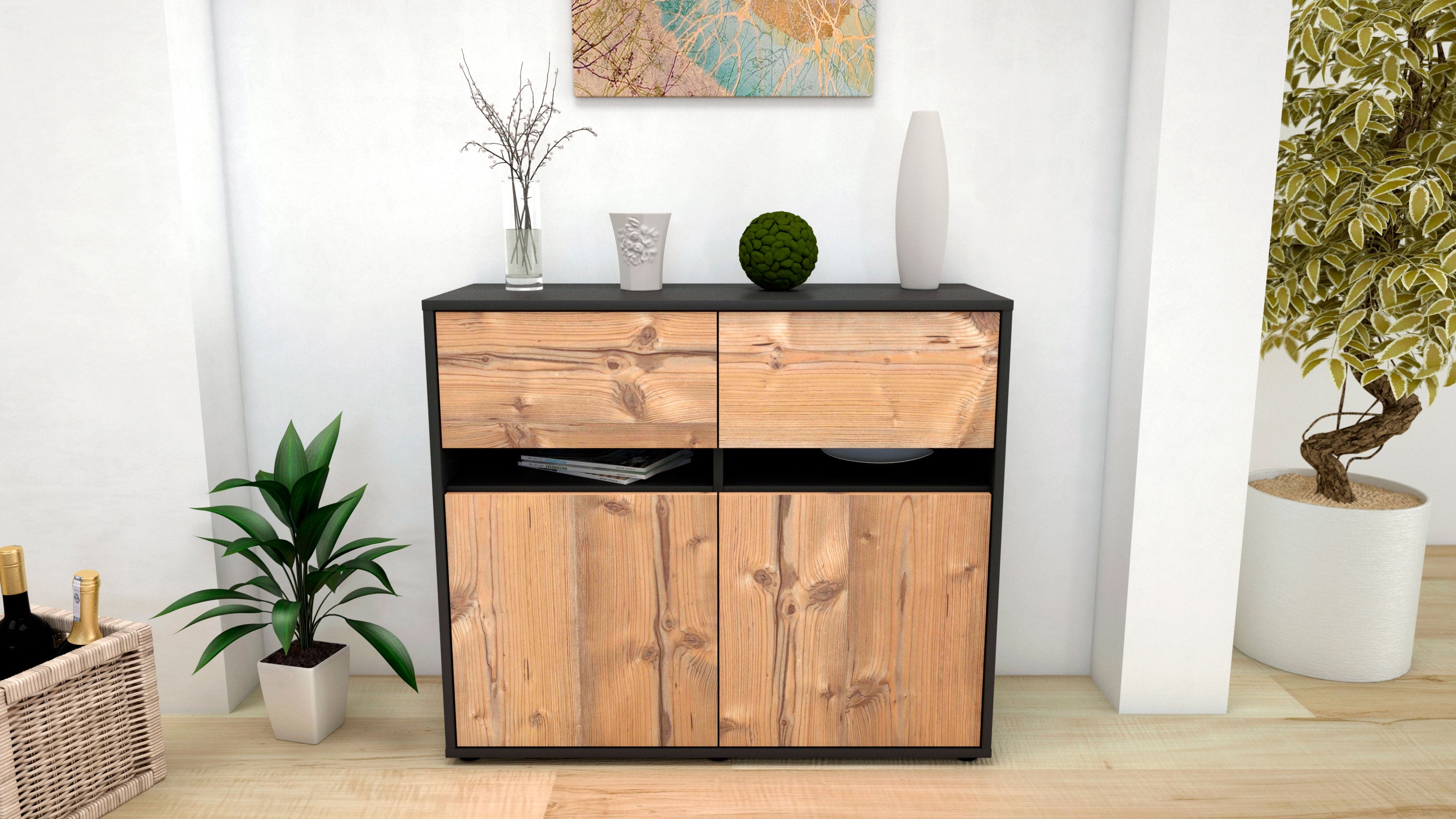Sideboard - Clea - Design Holzdekor - Freistehend mit Push to open  92 cm Anthrazit