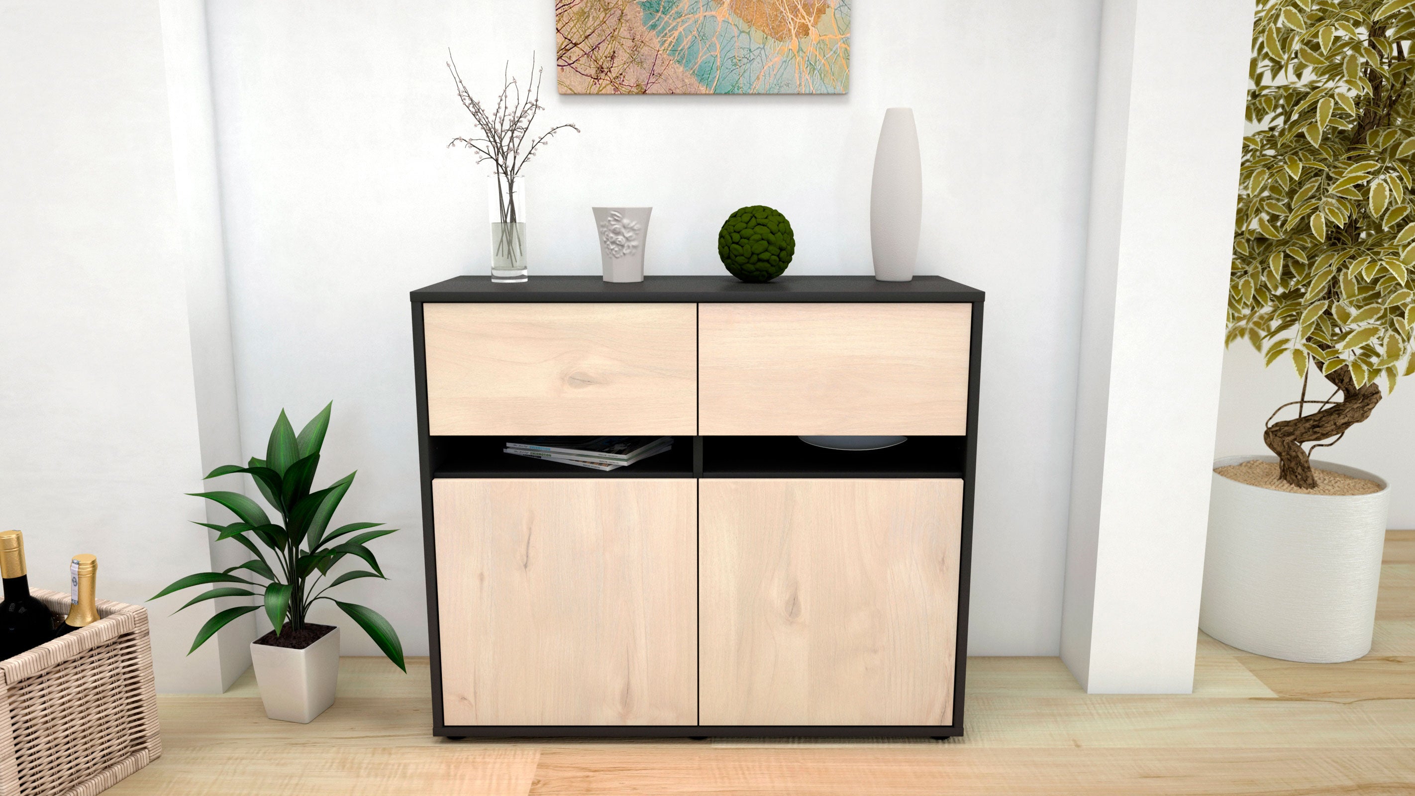 Sideboard - Clea - Design Holzdekor - Freistehend mit Push to open  92 cm Anthrazit