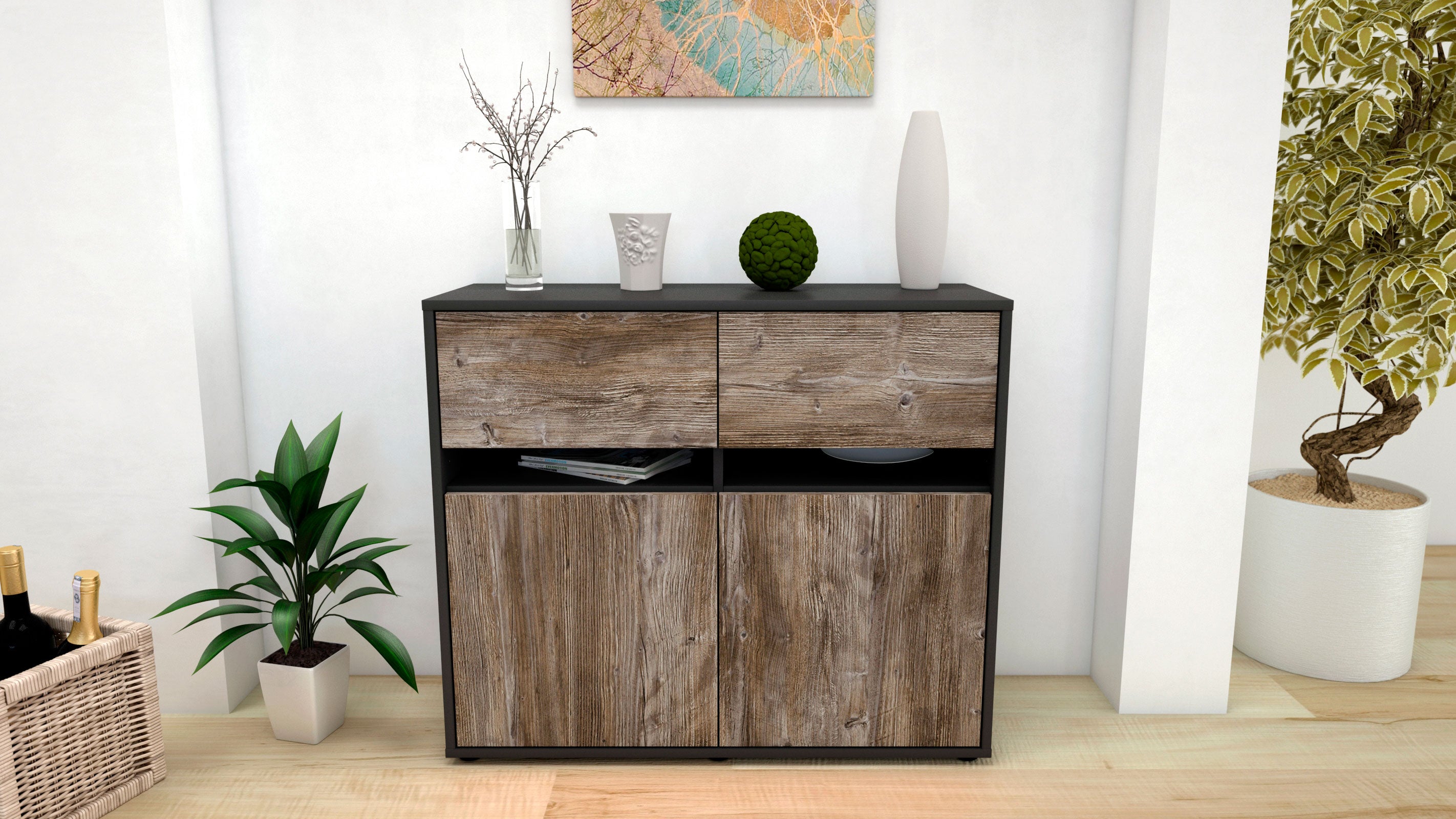 Sideboard - Clea - Design Holzdekor - Freistehend mit Push to open  92 cm Anthrazit