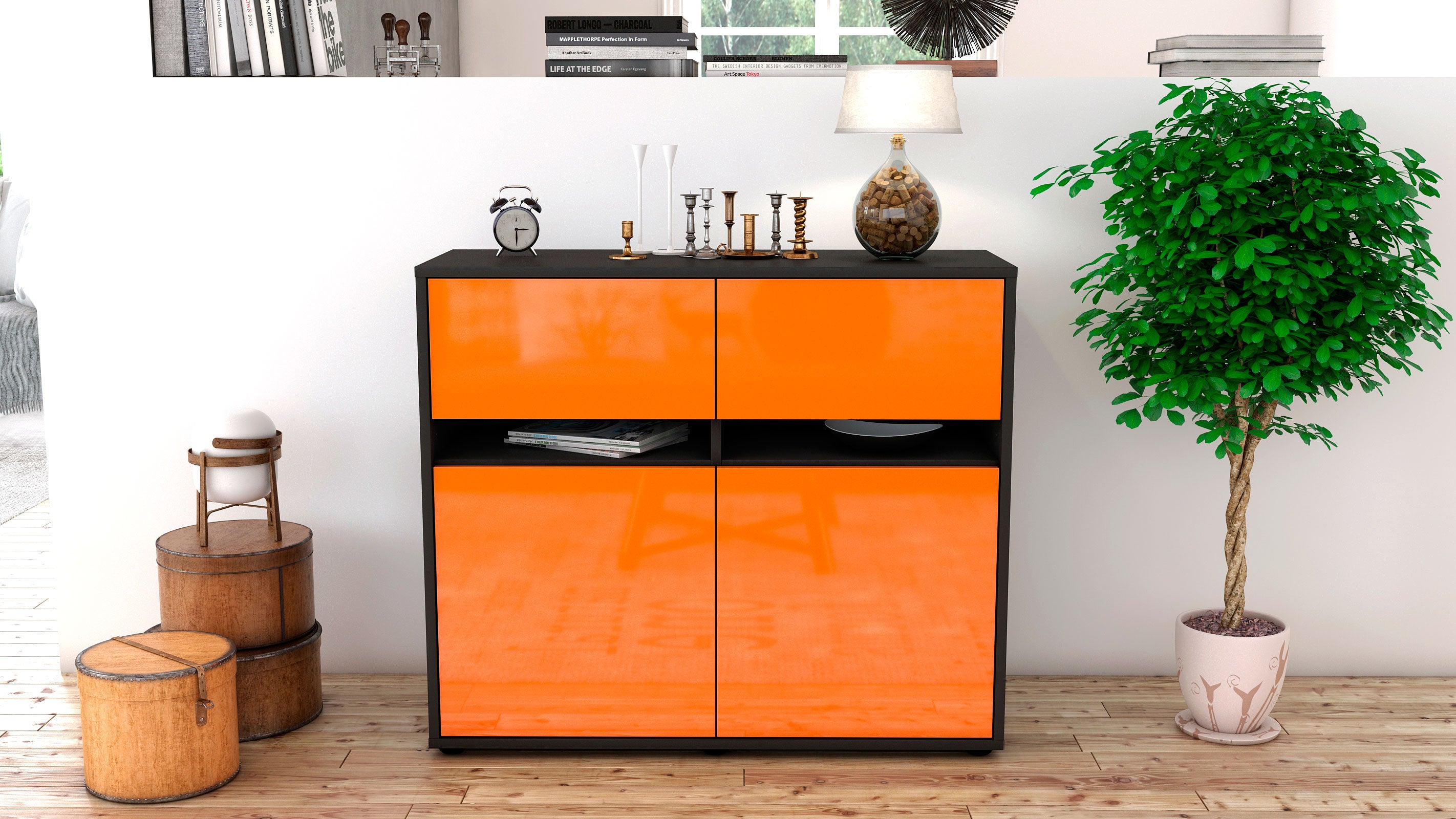 Sideboard - Clea - Design Hochglanz - Freistehend mit Push to open  92 cm Anthrazit