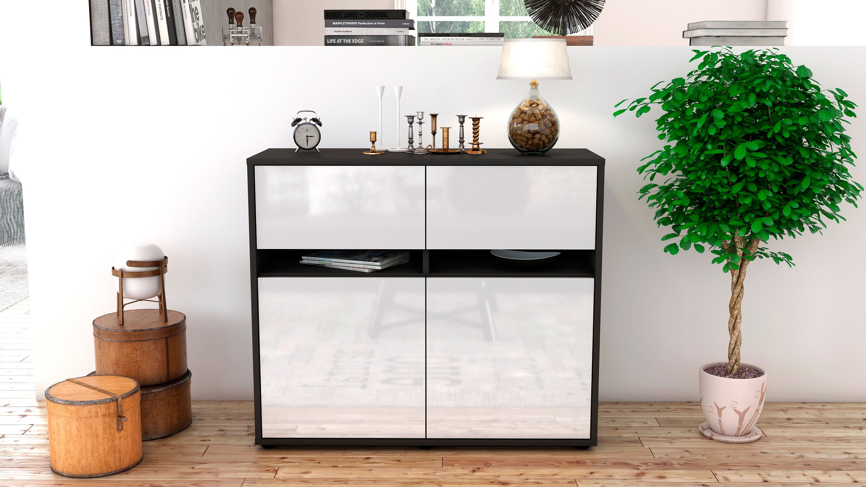 Sideboard - Clea - Design Hochglanz - Freistehend mit Push to open  92 cm Anthrazit