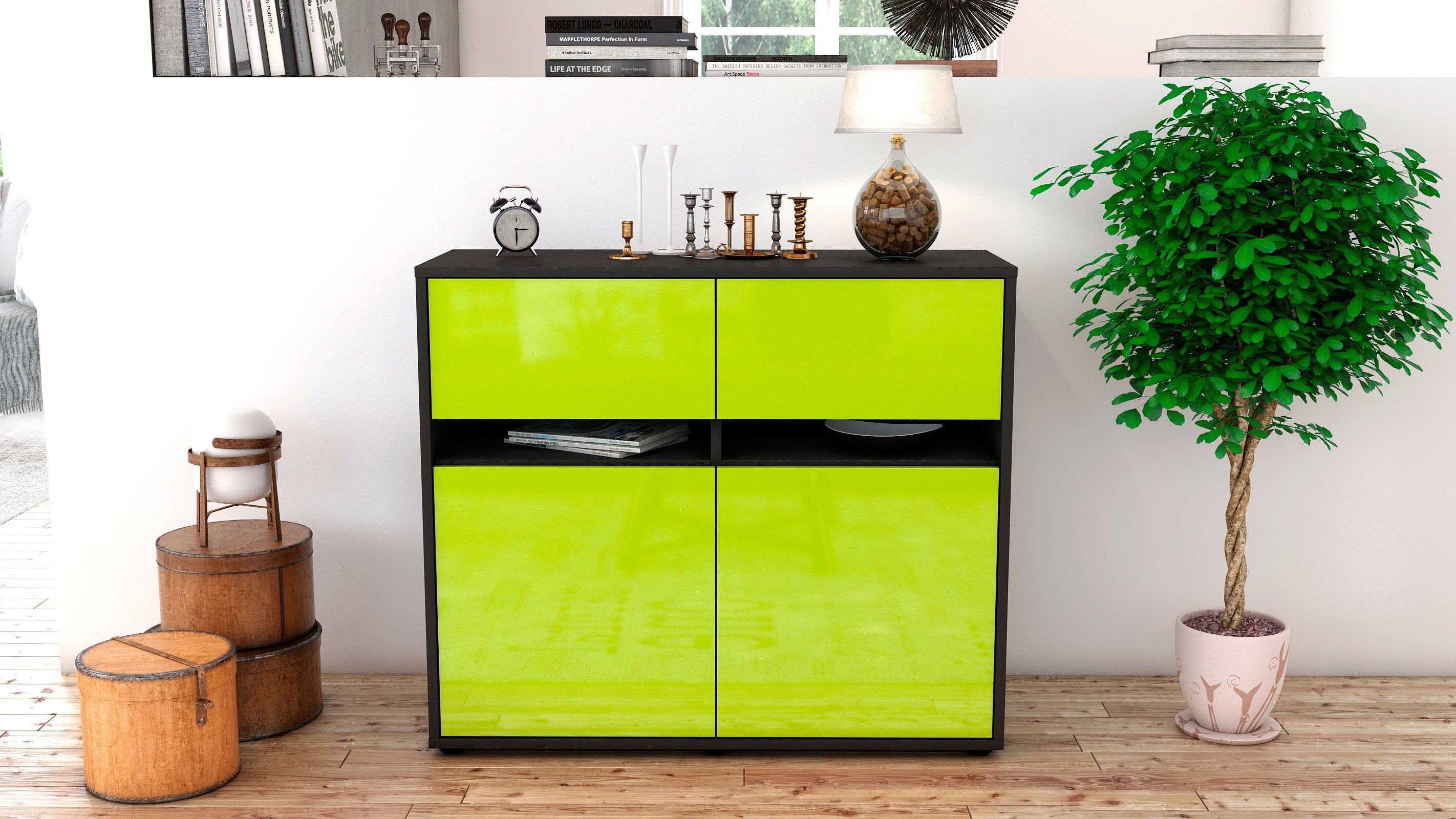 Sideboard - Clea - Design Hochglanz - Freistehend mit Push to open  92 cm Anthrazit