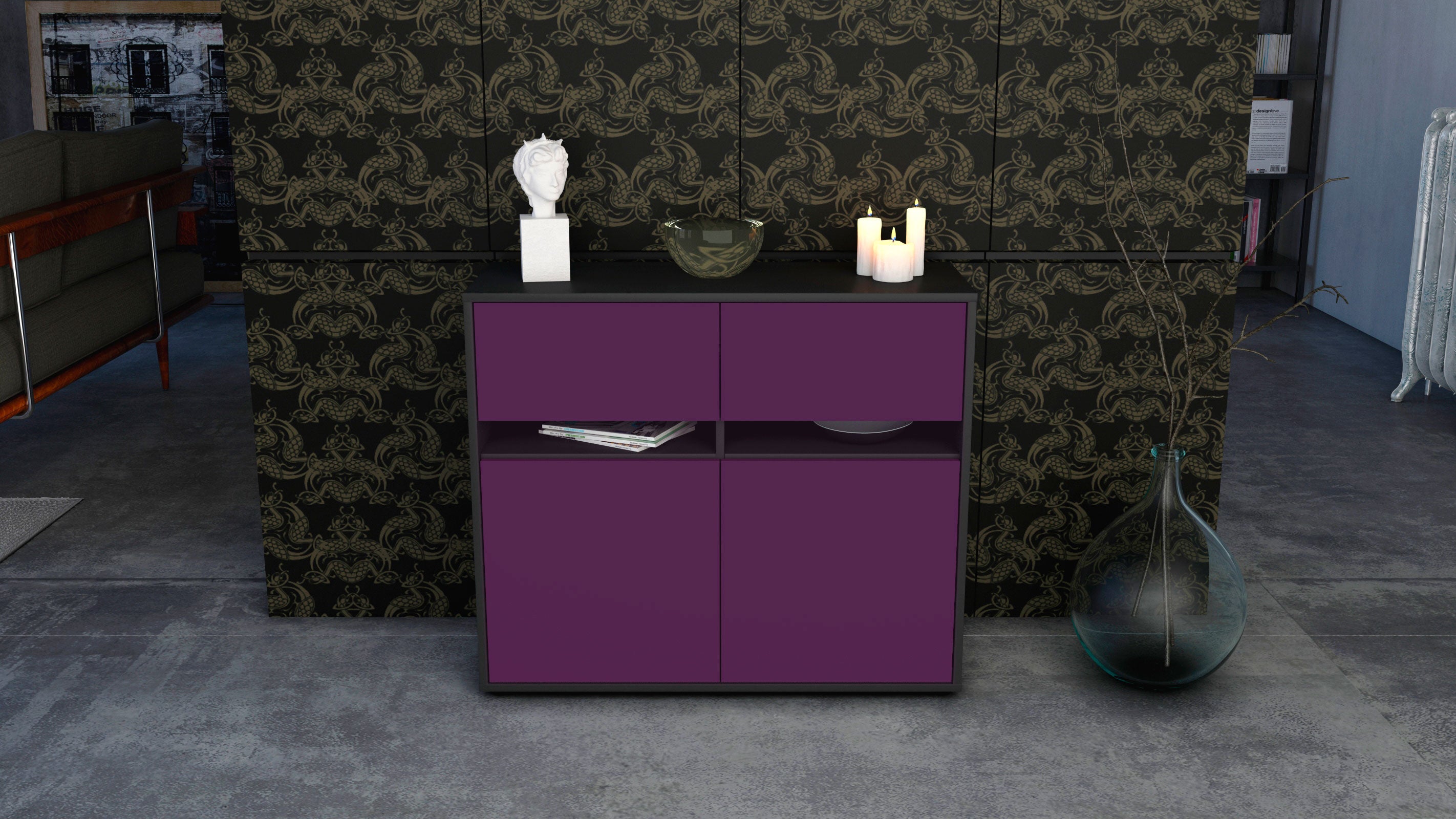 Sideboard - Clea - Design Farbakzent - Freistehend mit Push to open  92 cm Anthrazit