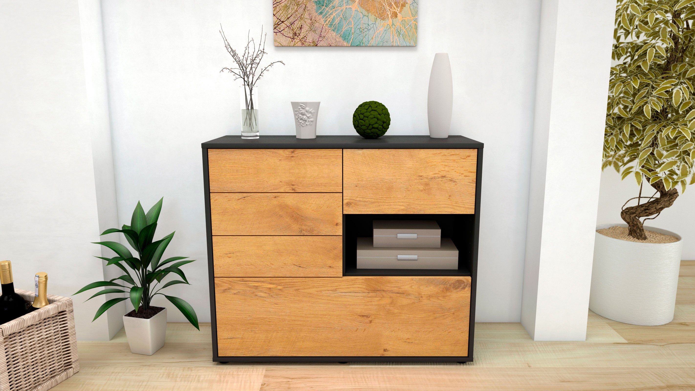 Sideboard - Coco - Design Holzdekor - Freistehend mit Push to open  92 cm Anthrazit