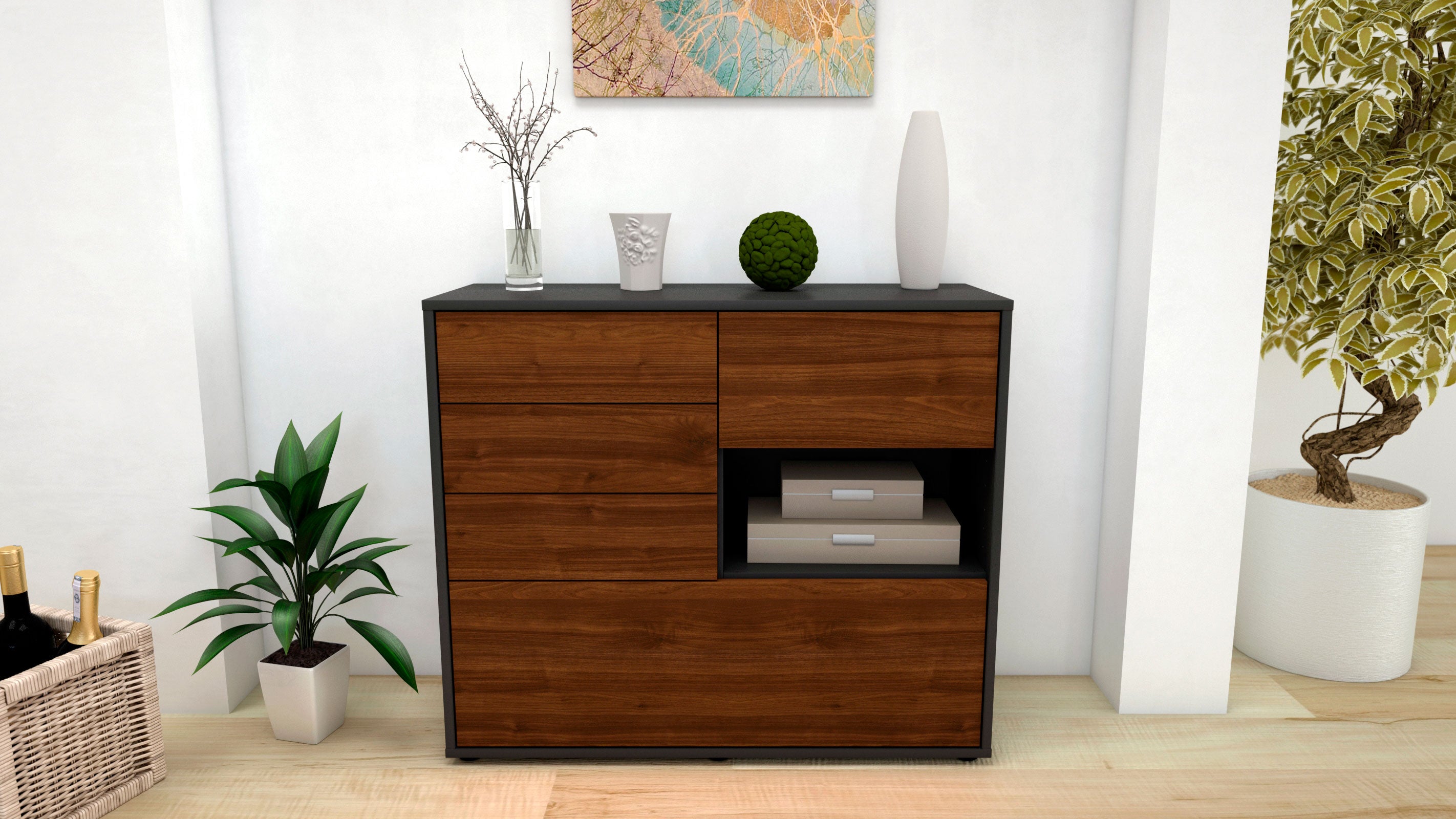 Sideboard - Coco - Design Holzdekor - Freistehend mit Push to open  92 cm Anthrazit