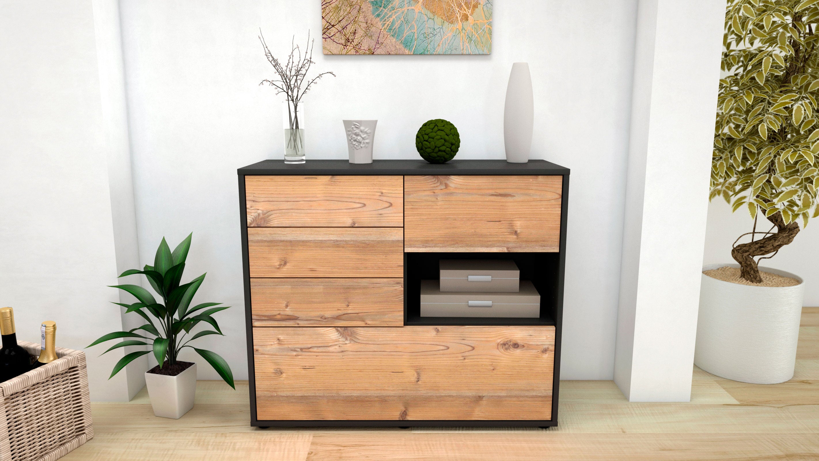 Sideboard - Coco - Design Holzdekor - Freistehend mit Push to open  92 cm Anthrazit