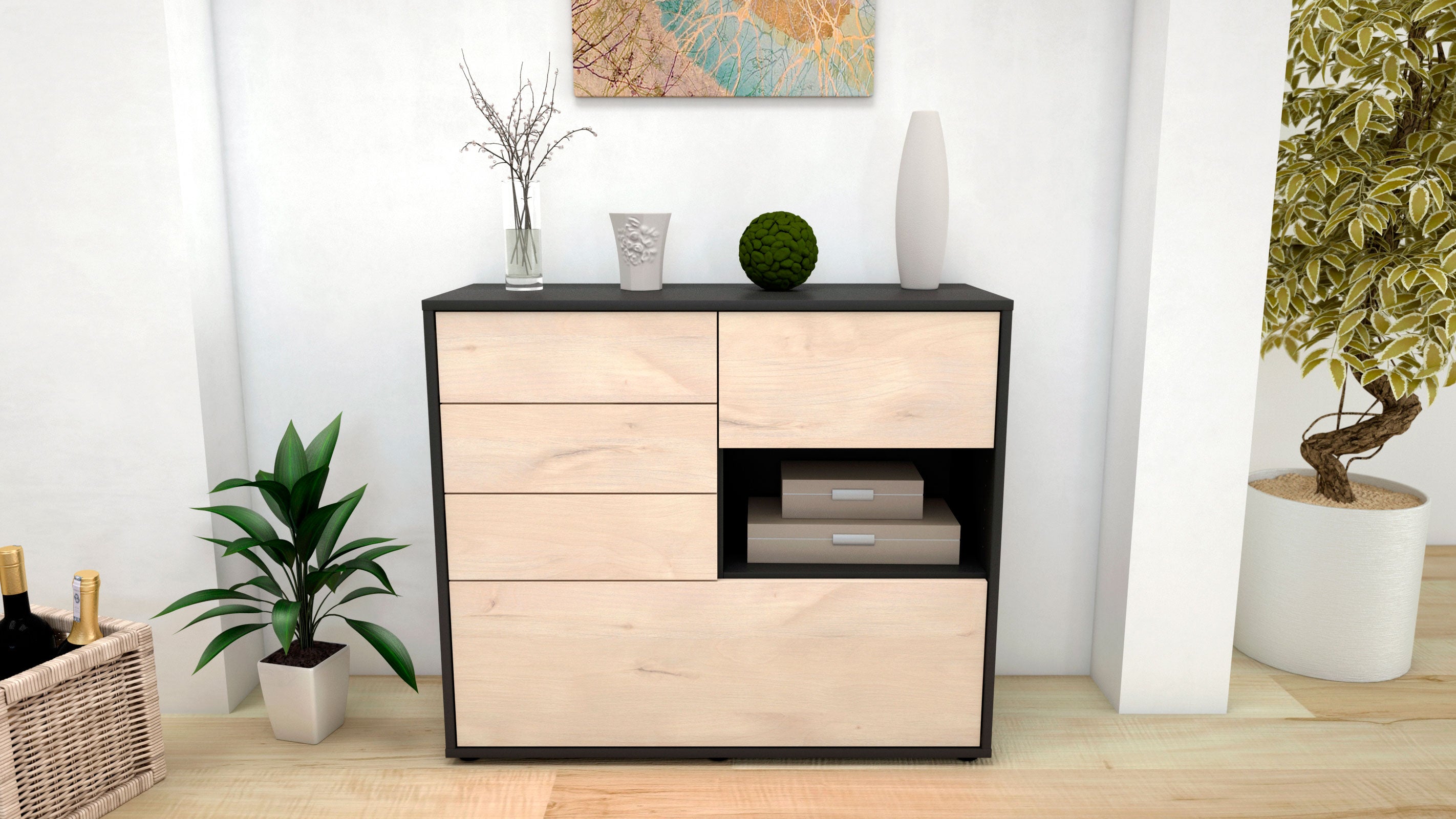 Sideboard - Coco - Design Holzdekor - Freistehend mit Push to open  92 cm Anthrazit