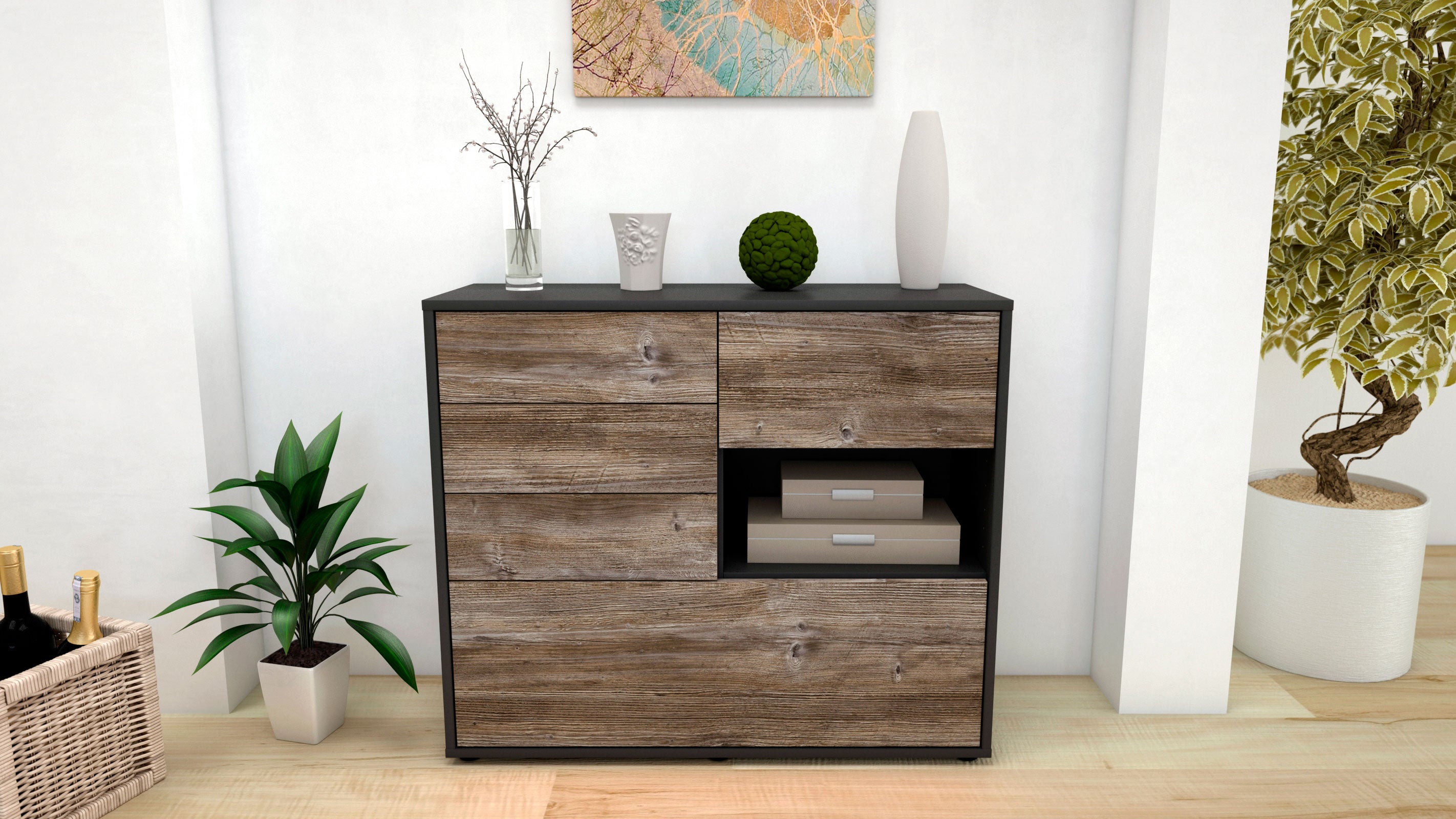 Sideboard - Coco - Design Holzdekor - Freistehend mit Push to open  92 cm Anthrazit