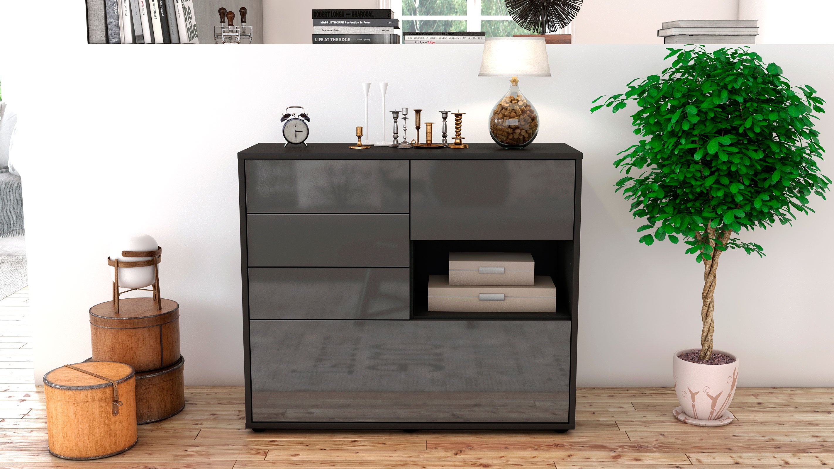 Sideboard - Coco - Design Hochglanz - Freistehend mit Push to open  92 cm Anthrazit