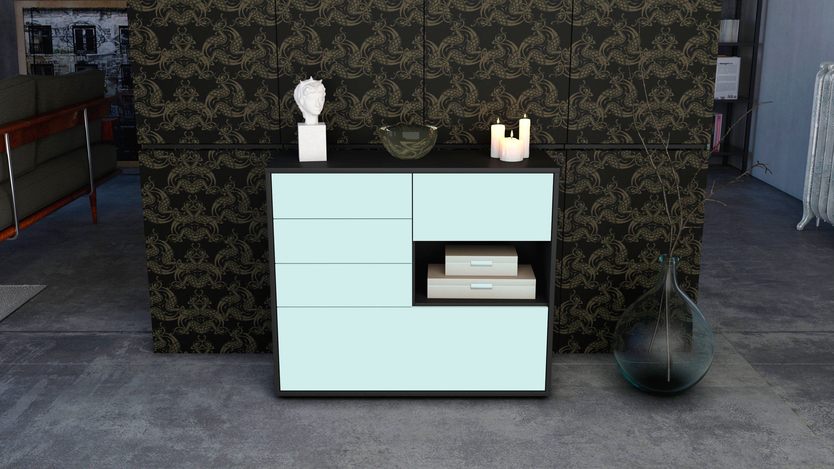 Sideboard - Coco - Design Farbakzent - Freistehend mit Push to open  92 cm Anthrazit
