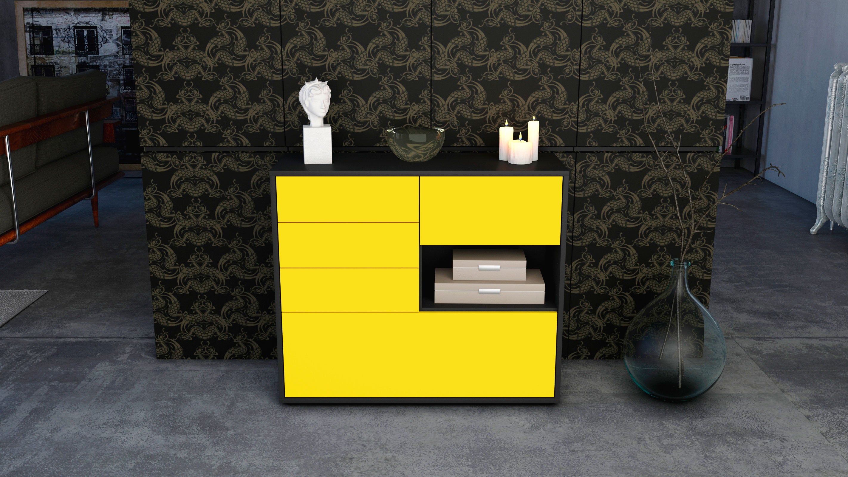 Sideboard - Coco - Design Farbakzent - Freistehend mit Push to open  92 cm Anthrazit