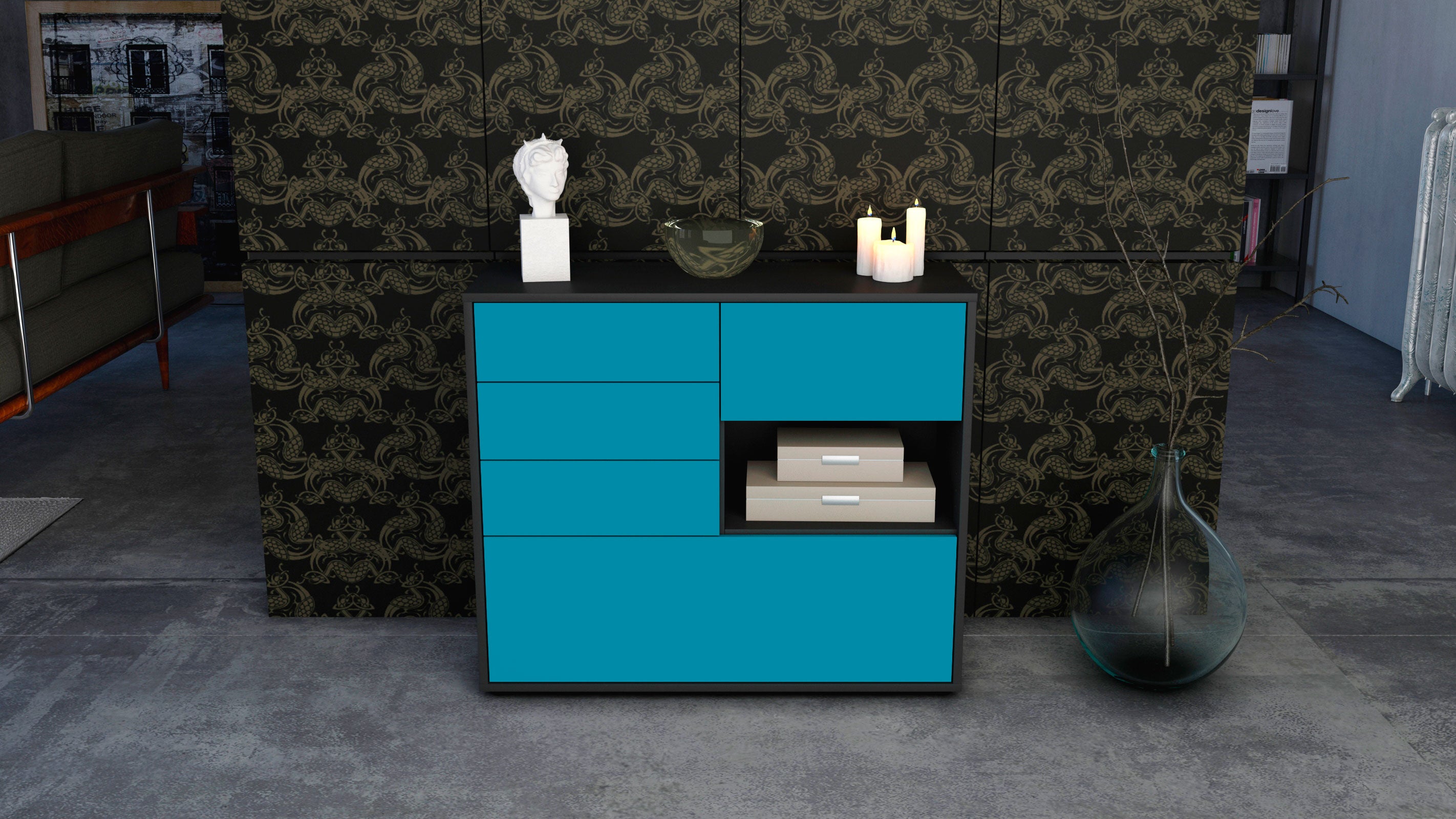 Sideboard - Coco - Design Farbakzent - Freistehend mit Push to open  92 cm Anthrazit