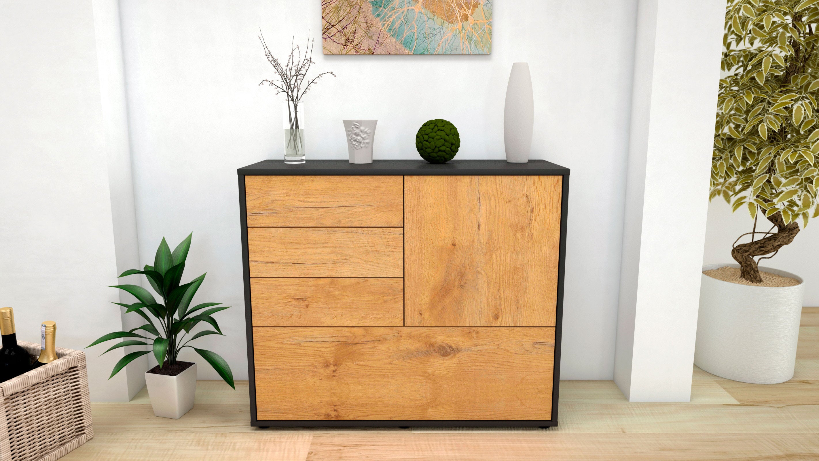 Sideboard - Corina - Design Holzdekor - Freistehend mit Push to open  92 cm Anthrazit