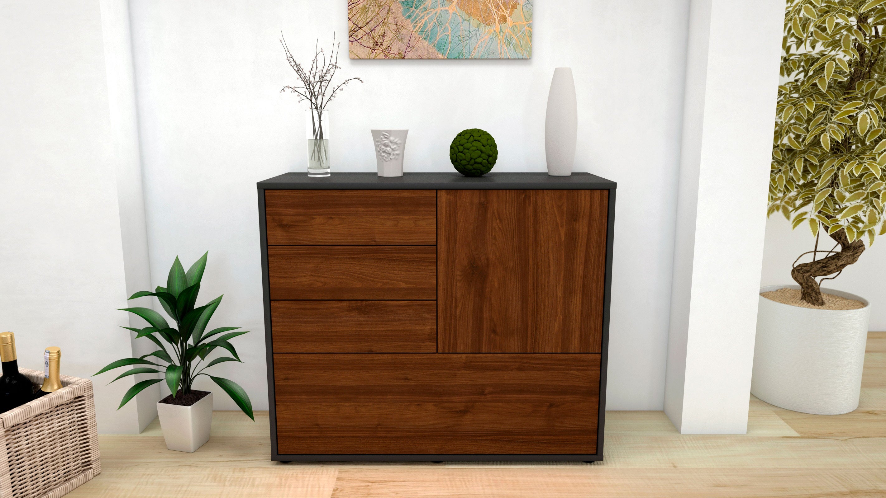 Sideboard - Corina - Design Holzdekor - Freistehend mit Push to open  92 cm Anthrazit