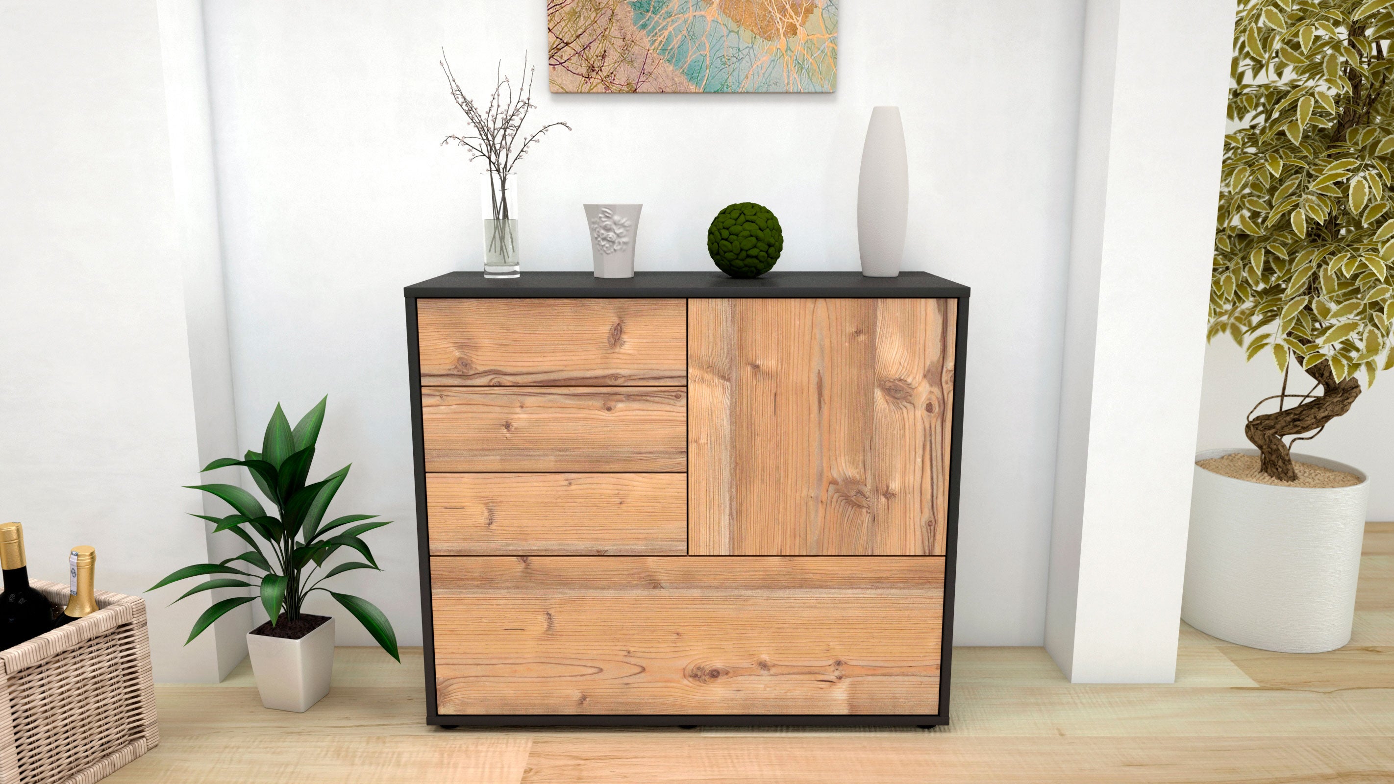 Sideboard - Corina - Design Holzdekor - Freistehend mit Push to open  92 cm Anthrazit