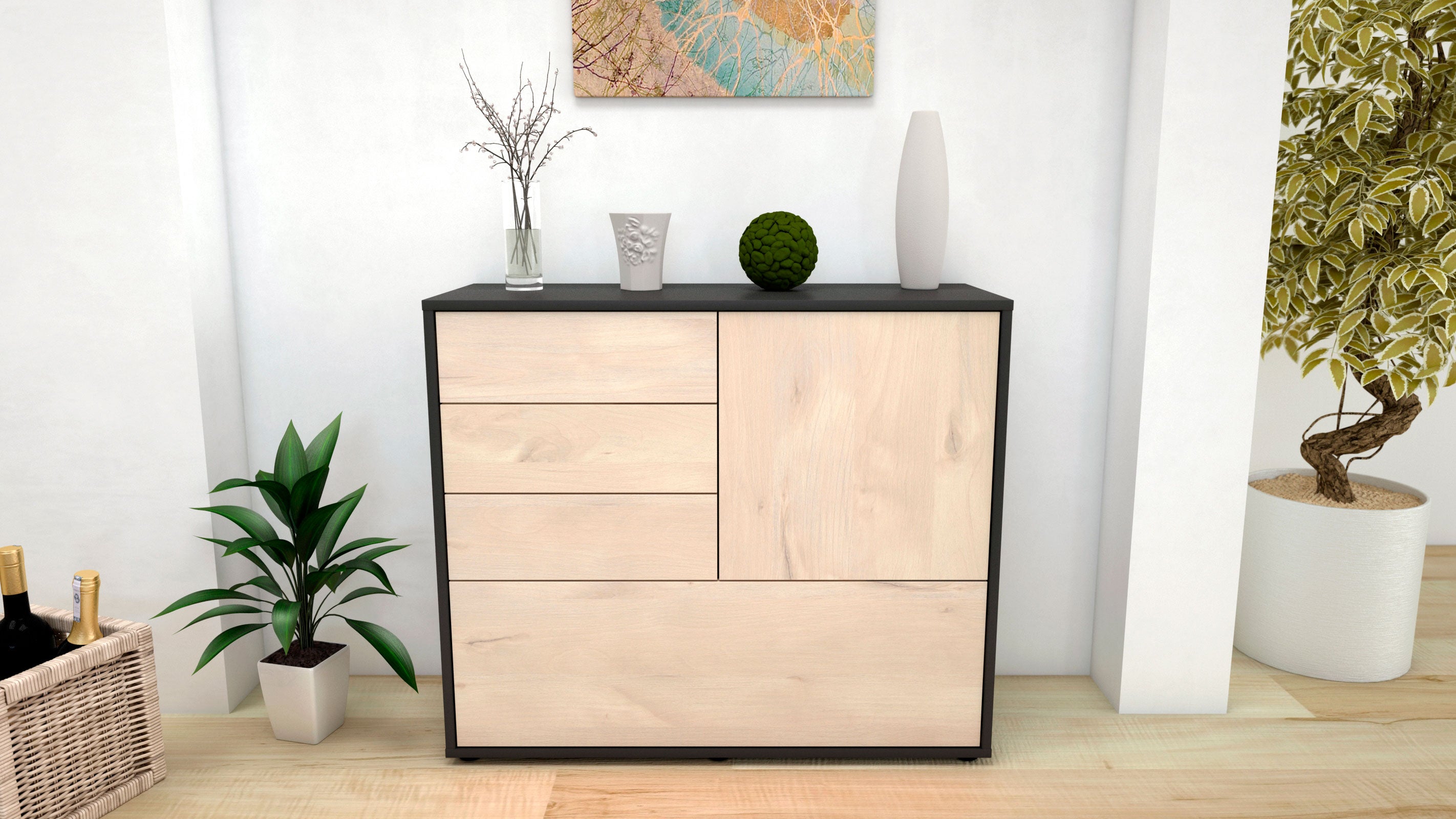 Sideboard - Corina - Design Holzdekor - Freistehend mit Push to open  92 cm Anthrazit