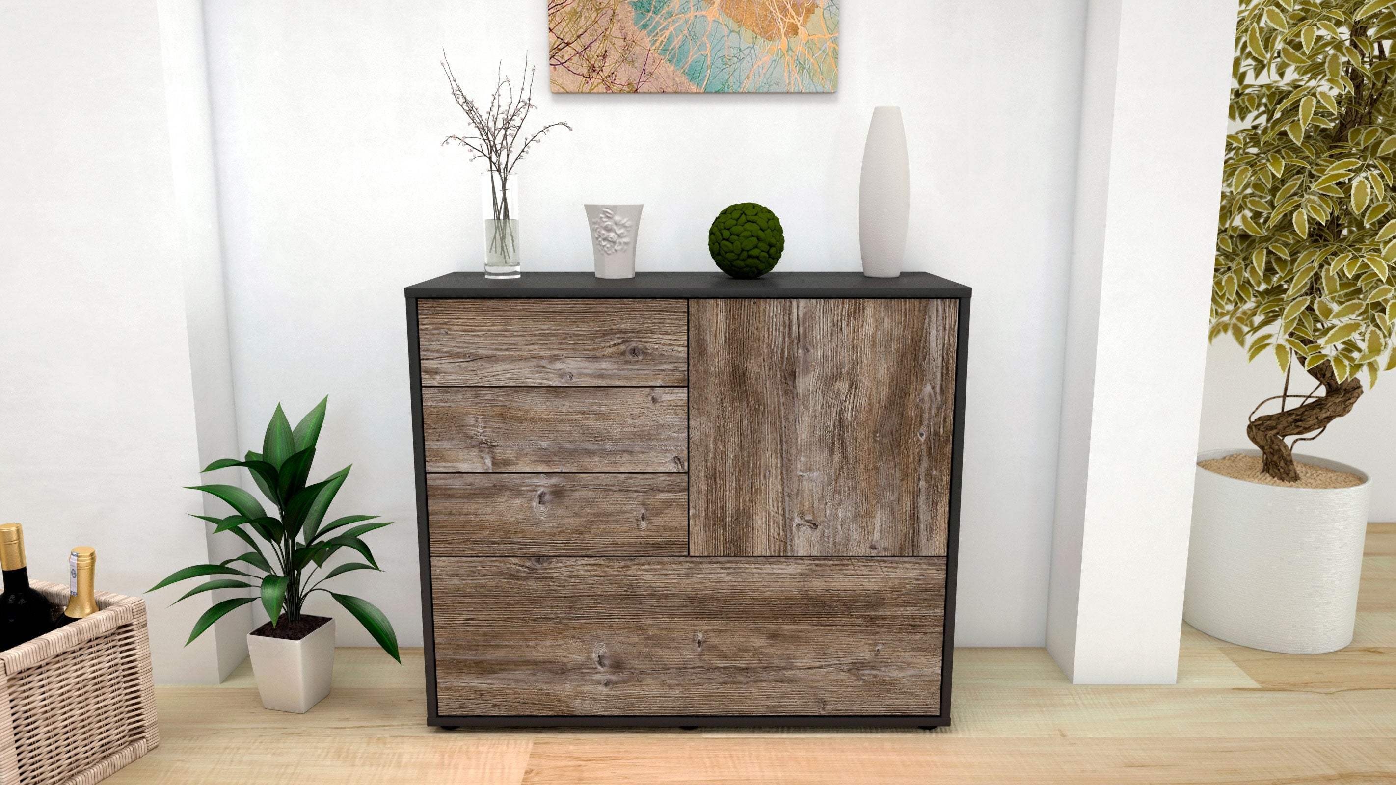 Sideboard - Corina - Design Holzdekor - Freistehend mit Push to open  92 cm Anthrazit