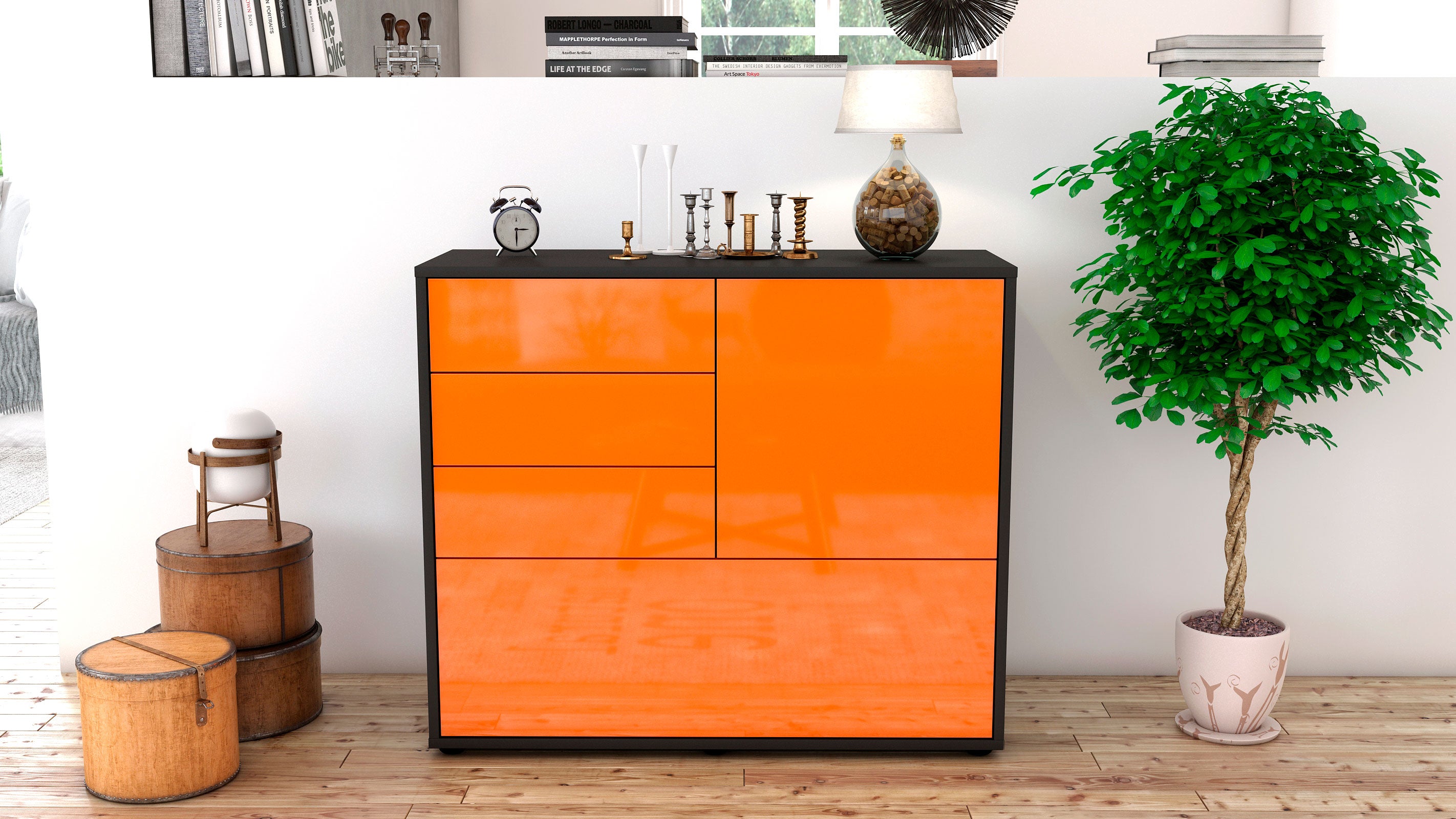 Sideboard - Corina - Design Hochglanz - Freistehend mit Push to open  92 cm Anthrazit