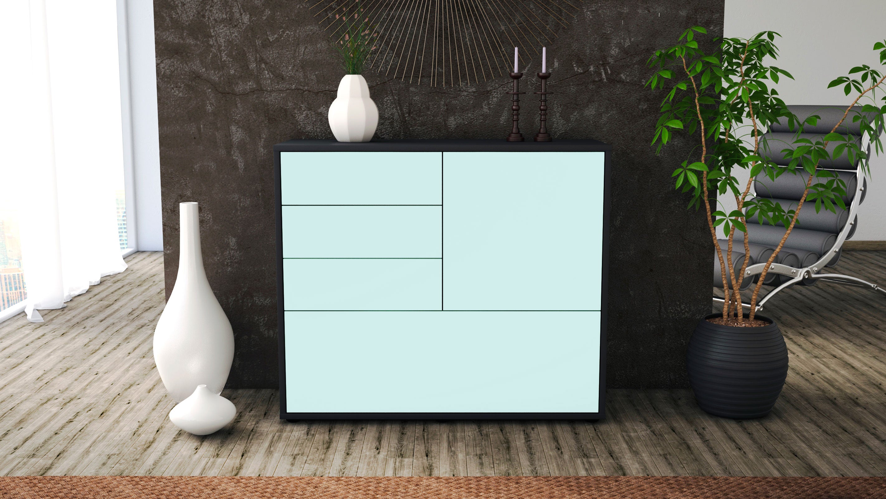 Sideboard - Corina - Design Farbakzent - Freistehend mit Push to open  92 cm Anthrazit