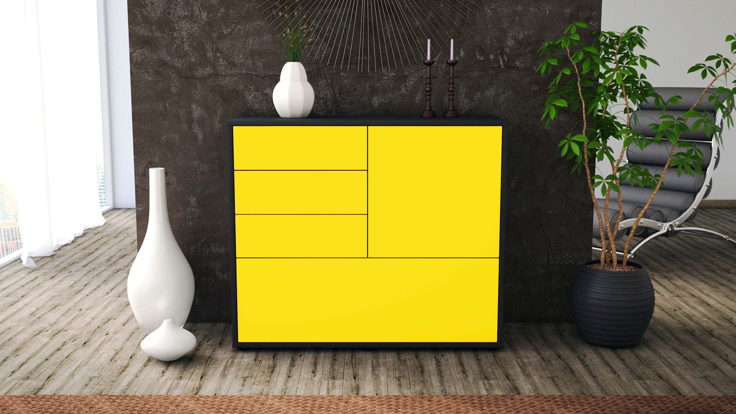 Sideboard - Corina - Design Farbakzent - Freistehend mit Push to open  92 cm Anthrazit