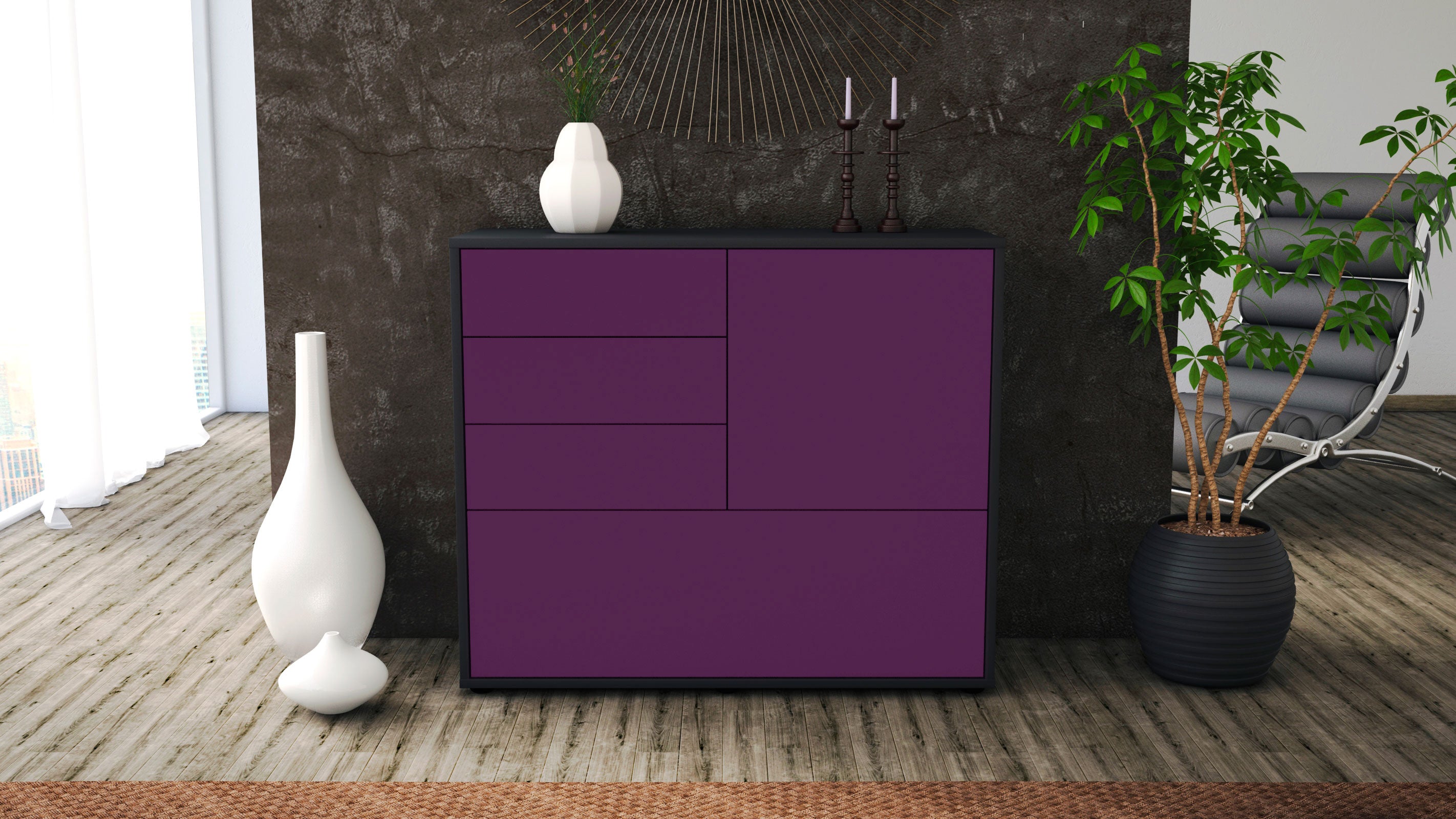 Sideboard - Corina - Design Farbakzent - Freistehend mit Push to open  92 cm Anthrazit