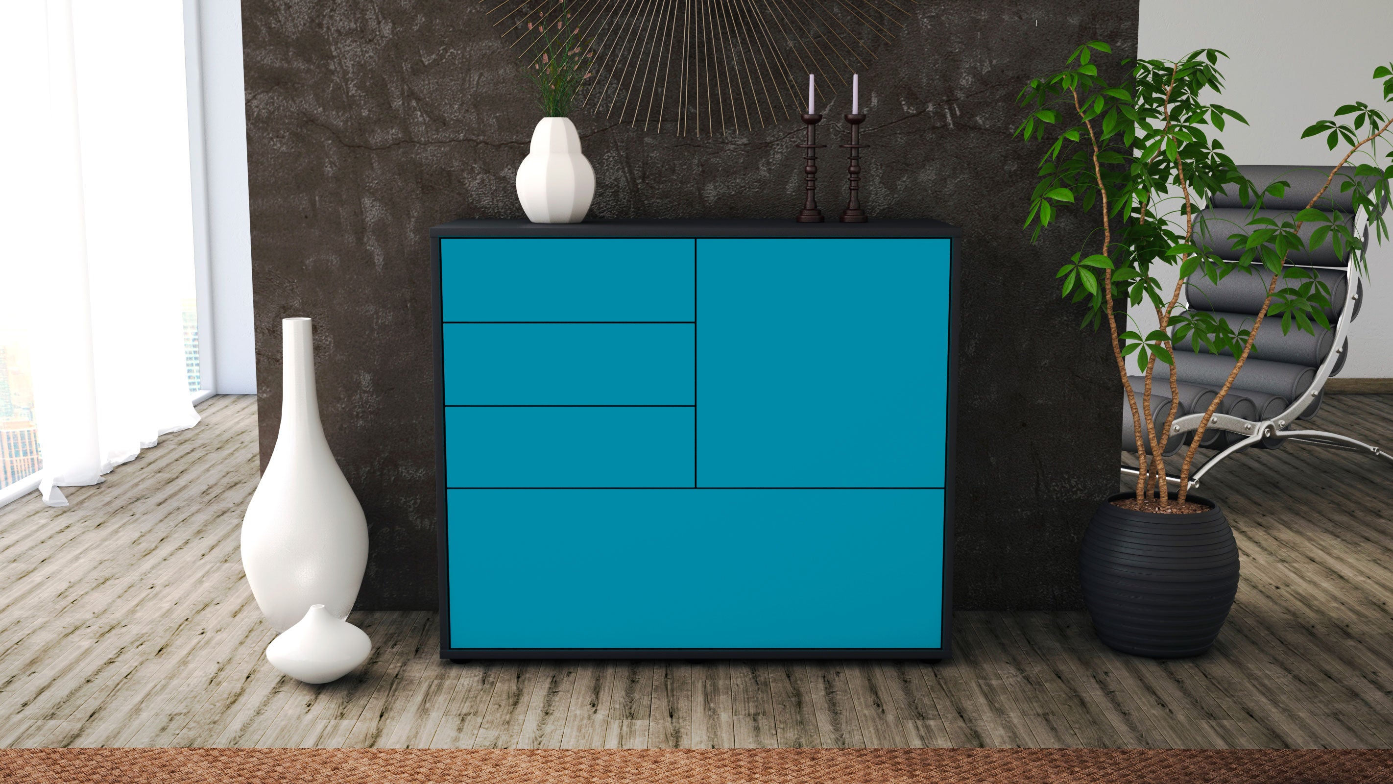 Sideboard - Corina - Design Farbakzent - Freistehend mit Push to open  92 cm Anthrazit