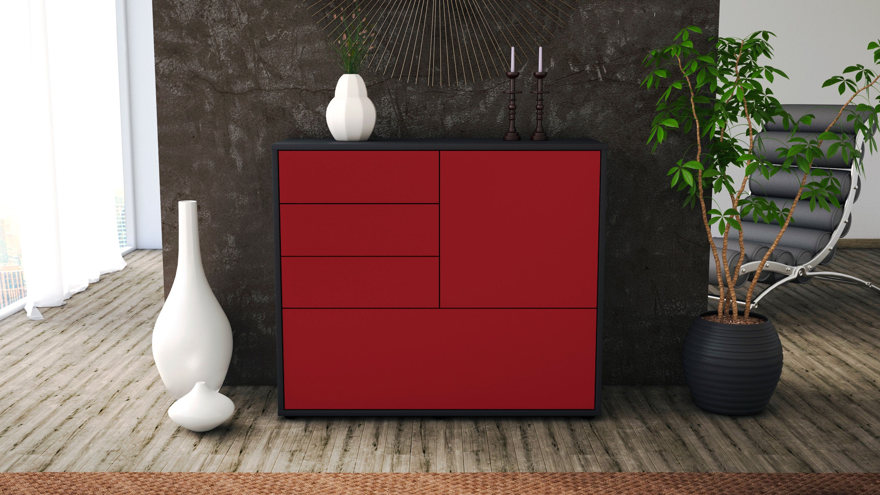 Sideboard - Corina - Design Farbakzent - Freistehend mit Push to open  92 cm Anthrazit