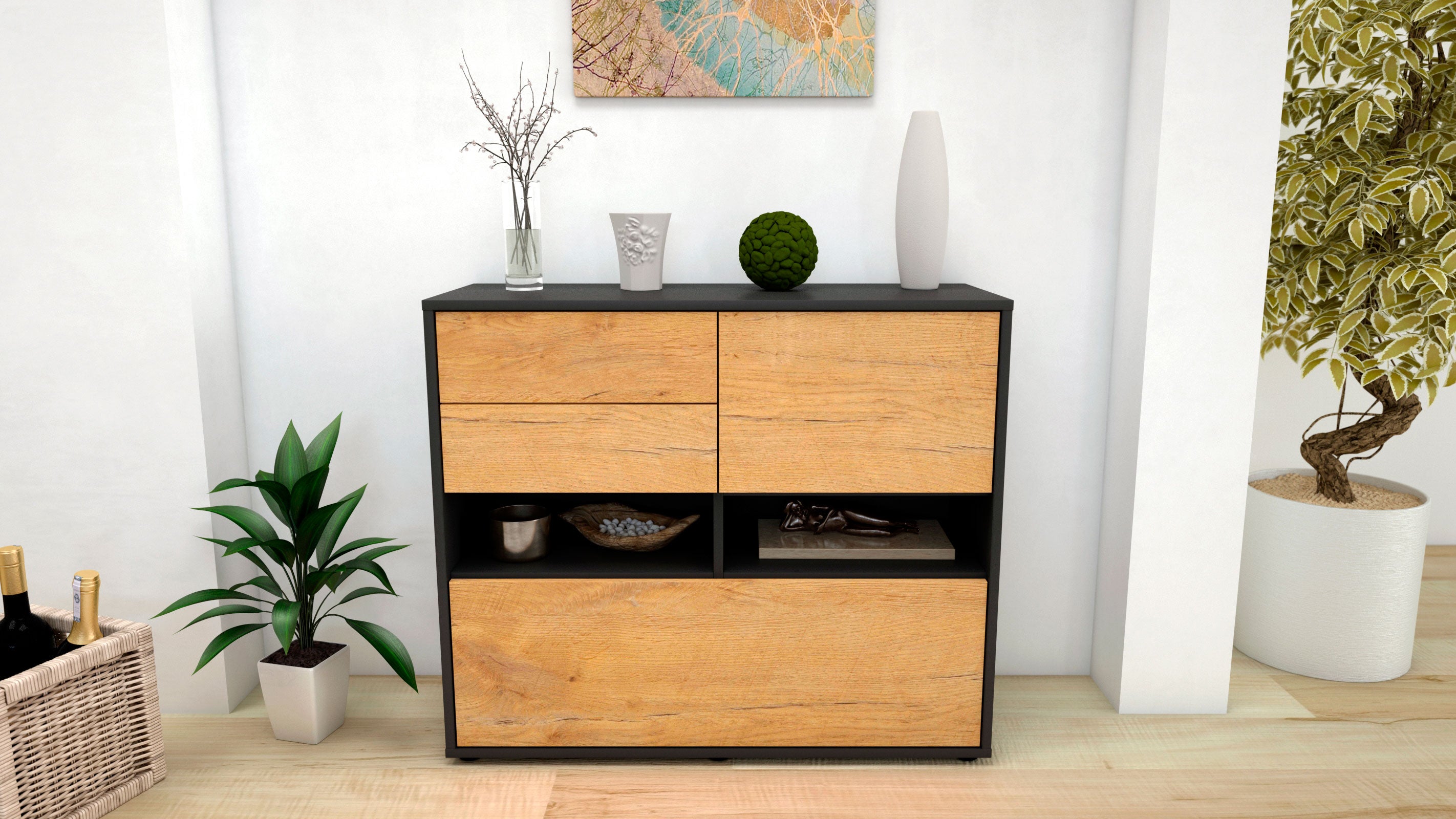 Sideboard - Cornelia - Design Holzdekor - Freistehend mit Push to open  92 cm Anthrazit