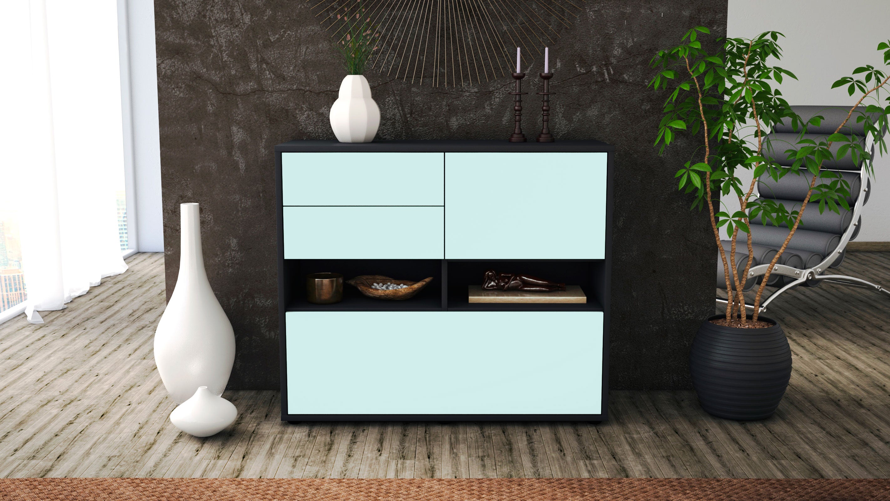 Sideboard - Cornelia - Design Farbakzent - Freistehend mit Push to open  92 cm Anthrazit