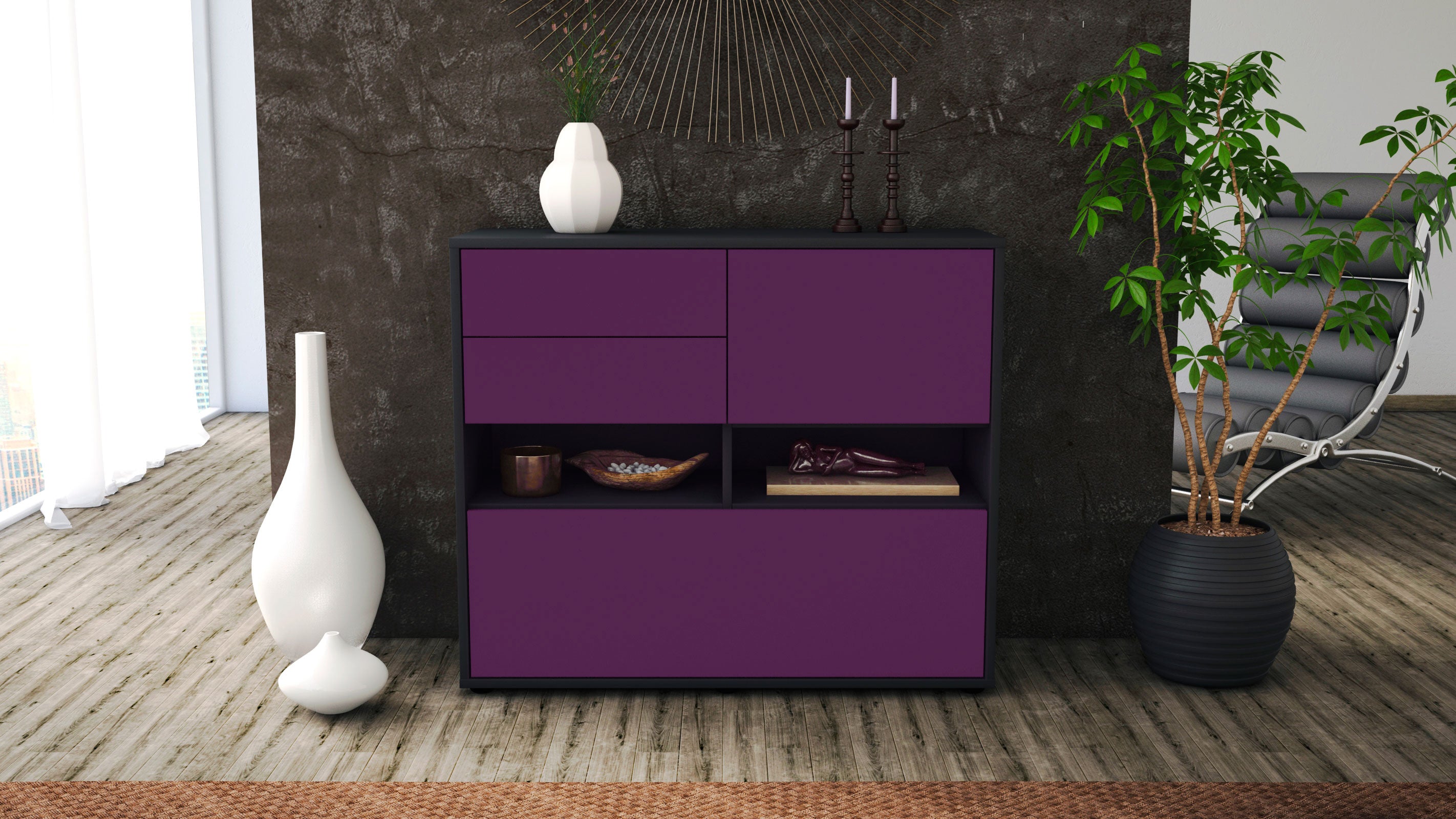 Sideboard - Cornelia - Design Farbakzent - Freistehend mit Push to open  92 cm Anthrazit