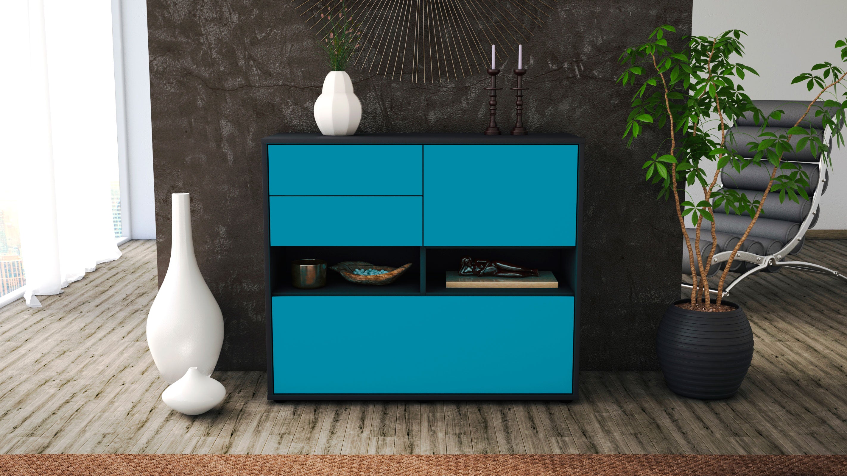 Sideboard - Cornelia - Design Farbakzent - Freistehend mit Push to open  92 cm Anthrazit