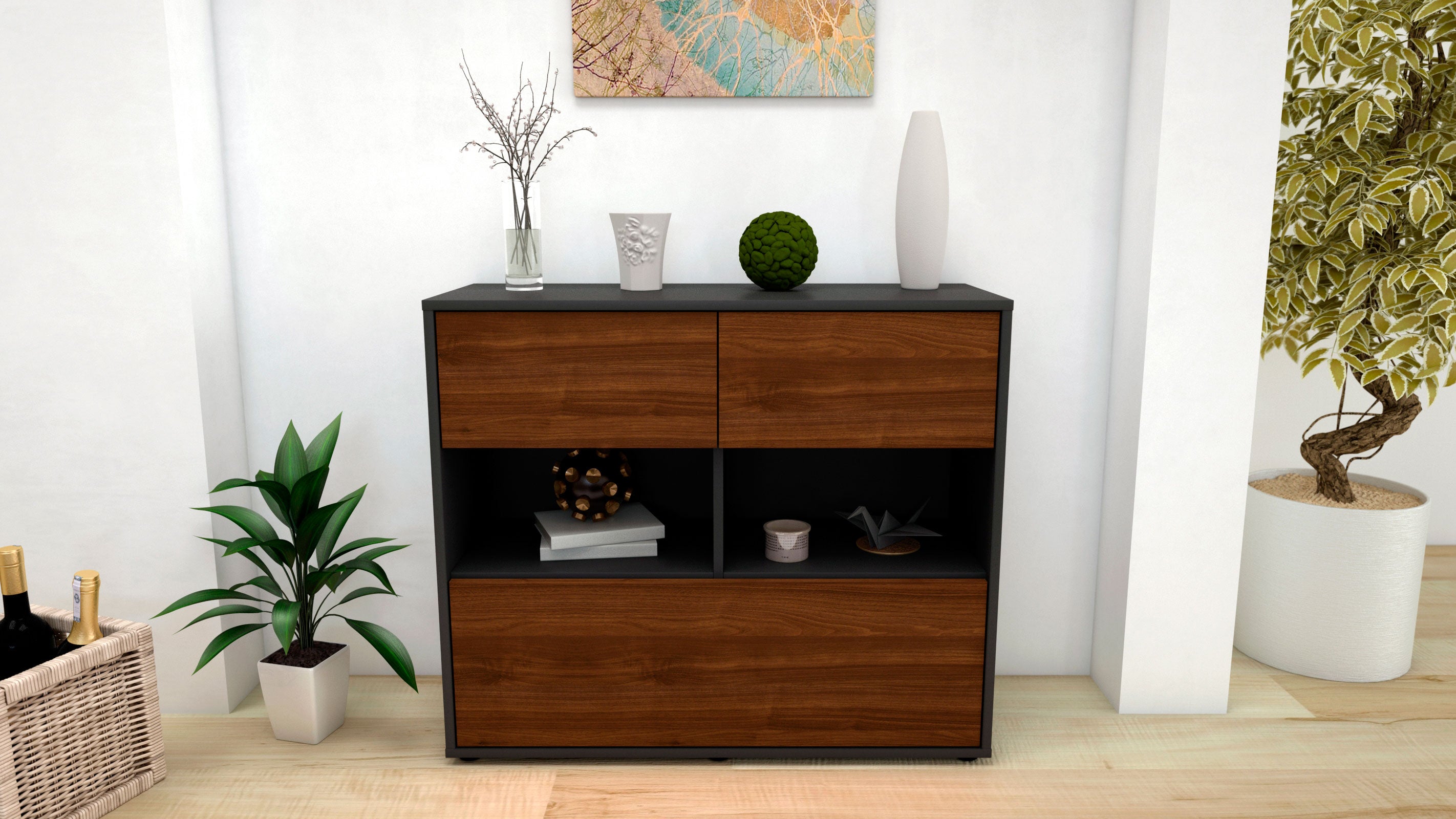 Sideboard - Cosima - Design Holzdekor - Freistehend mit Push to open  92 cm Anthrazit