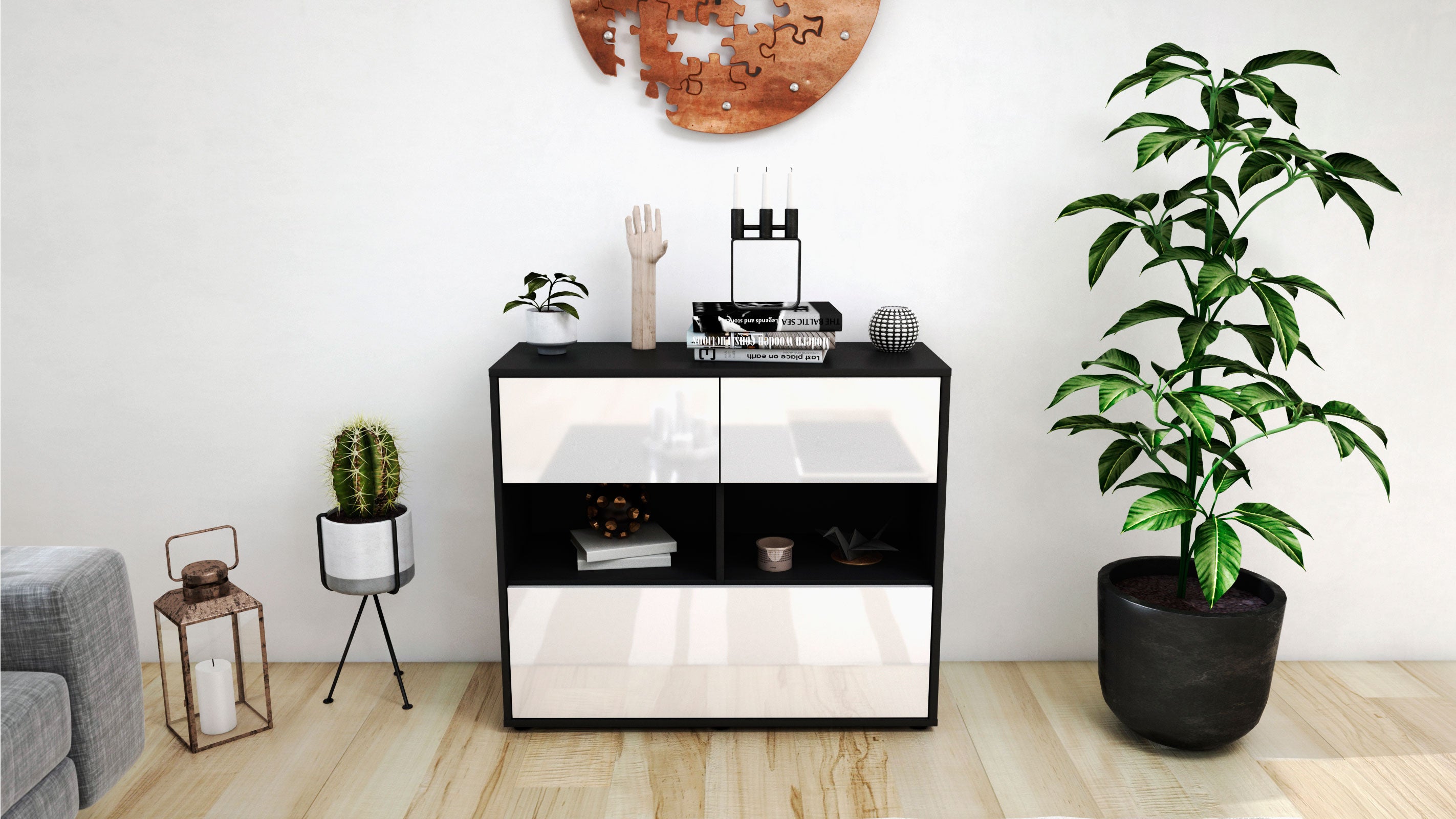 Sideboard - Cosima - Design Hochglanz - Freistehend mit Push to open  92 cm Anthrazit