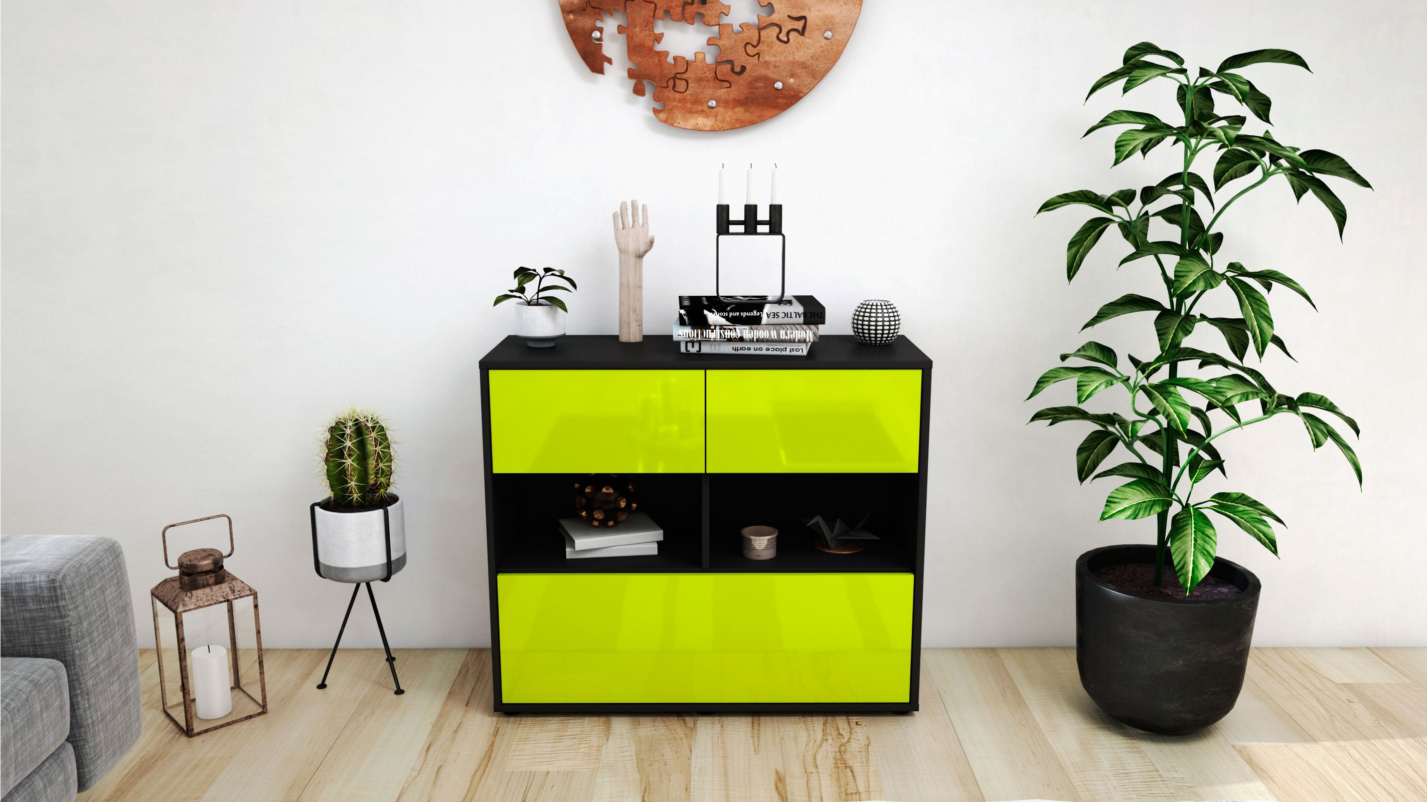 Sideboard - Cosima - Design Hochglanz - Freistehend mit Push to open  92 cm Anthrazit