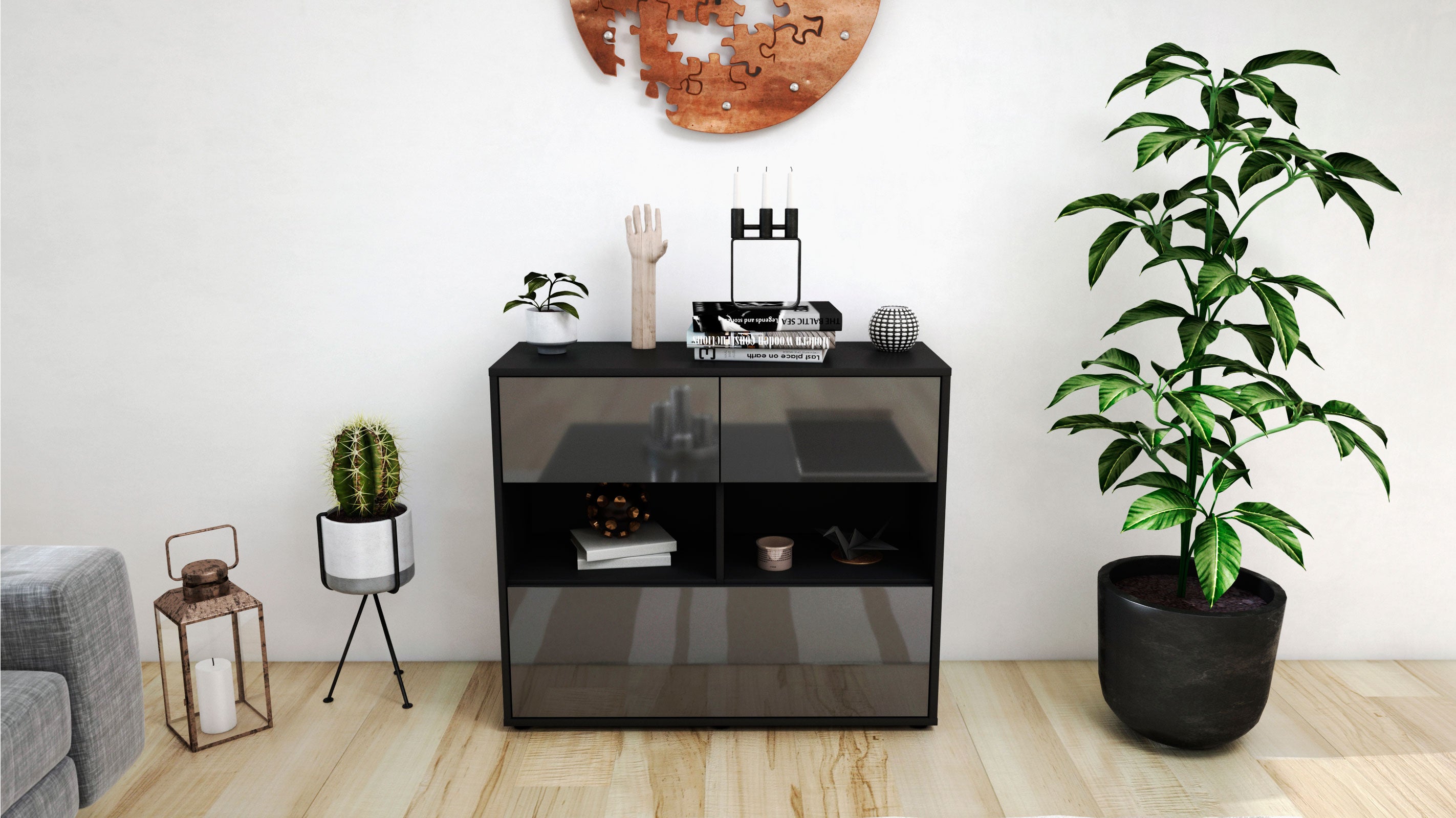 Sideboard - Cosima - Design Hochglanz - Freistehend mit Push to open  92 cm Anthrazit