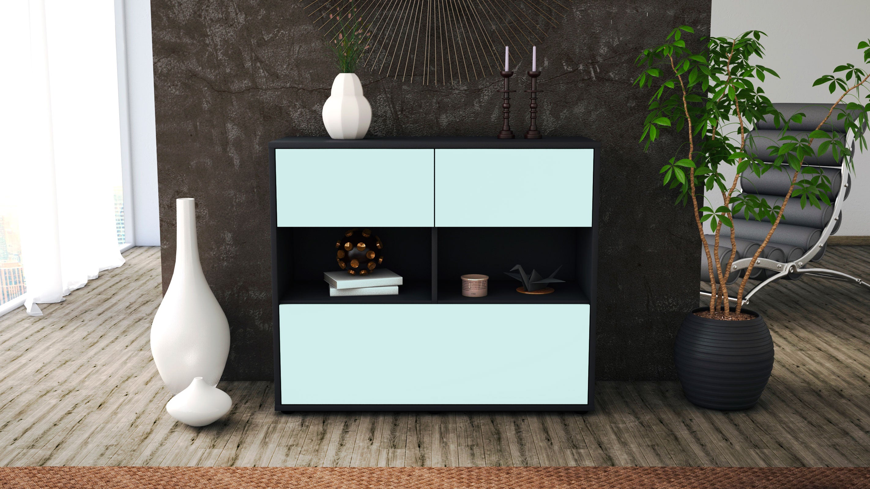 Sideboard - Cosima - Design Farbakzent - Freistehend mit Push to open  92 cm Anthrazit