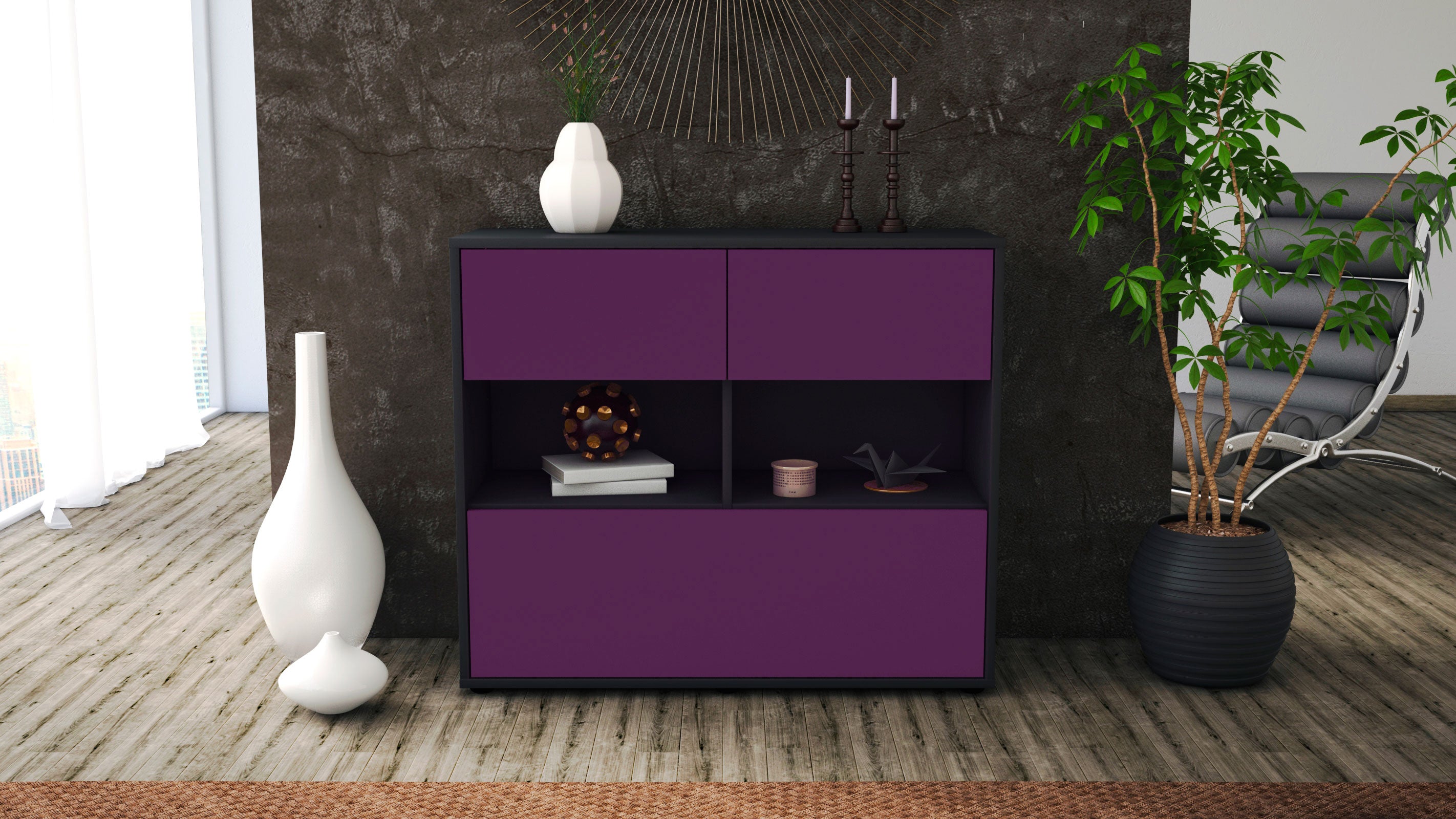 Sideboard - Cosima - Design Farbakzent - Freistehend mit Push to open  92 cm Anthrazit