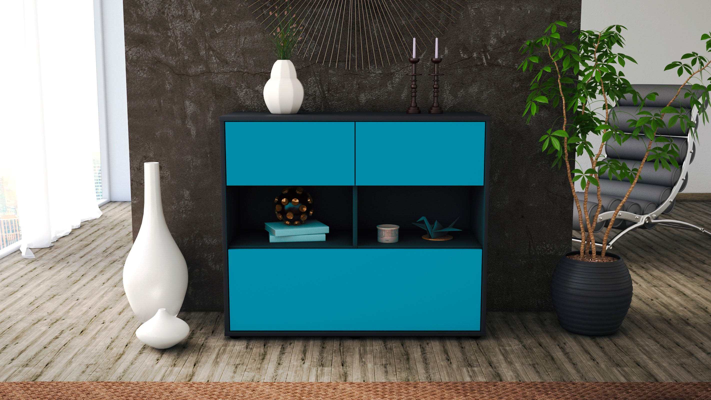 Sideboard - Cosima - Design Farbakzent - Freistehend mit Push to open  92 cm Anthrazit