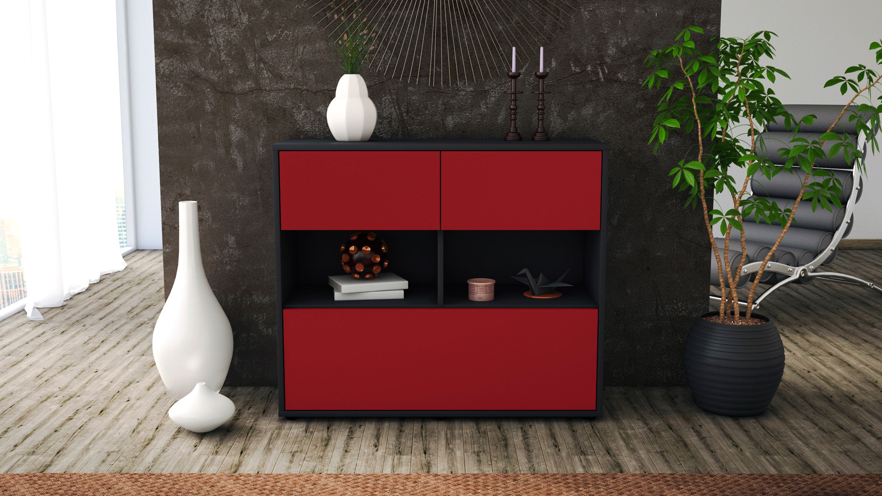 Sideboard - Cosima - Design Farbakzent - Freistehend mit Push to open  92 cm Anthrazit