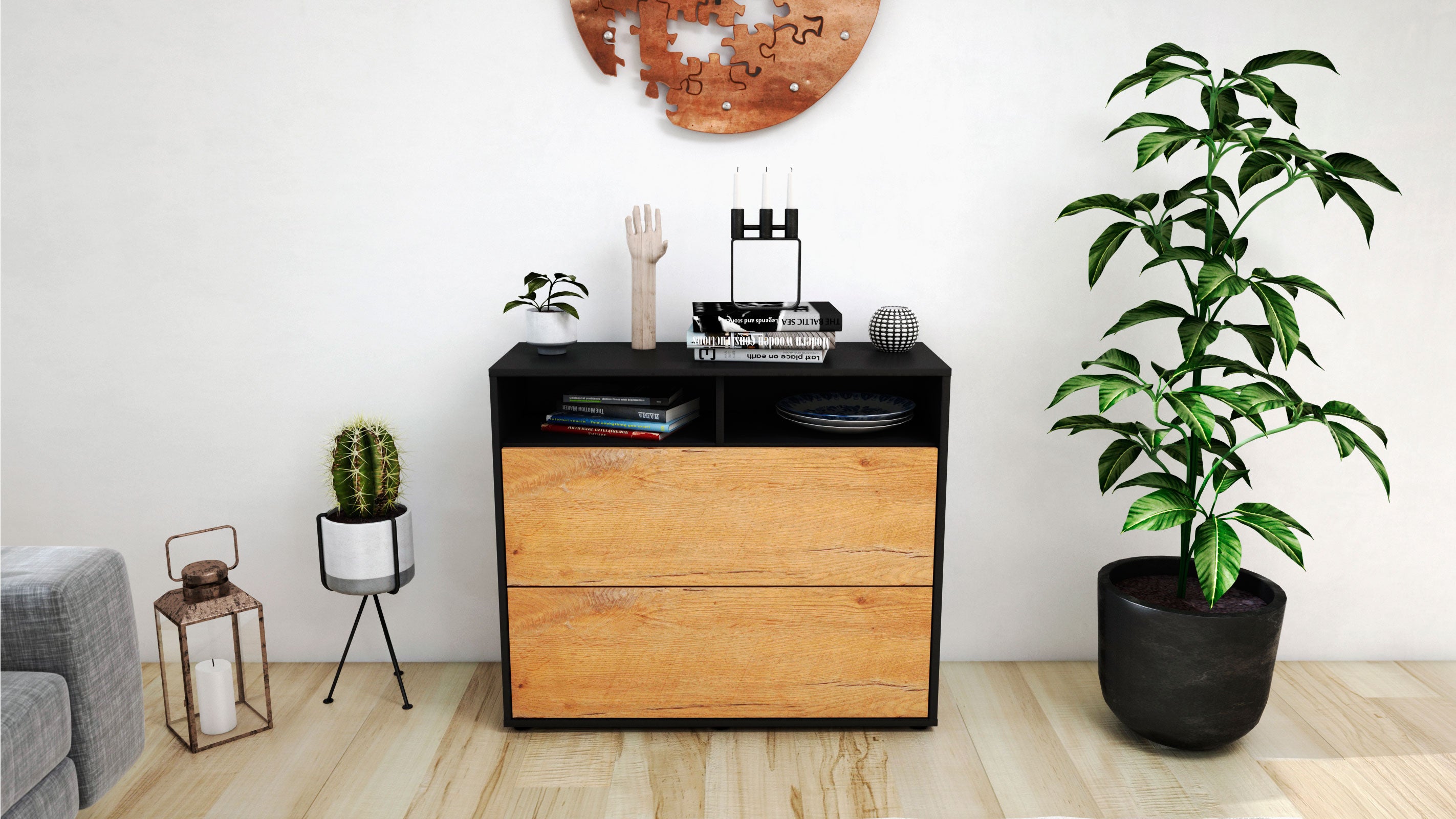 Sideboard - Cosma - Design Holzdekor - Freistehend mit Push to open  92 cm Anthrazit