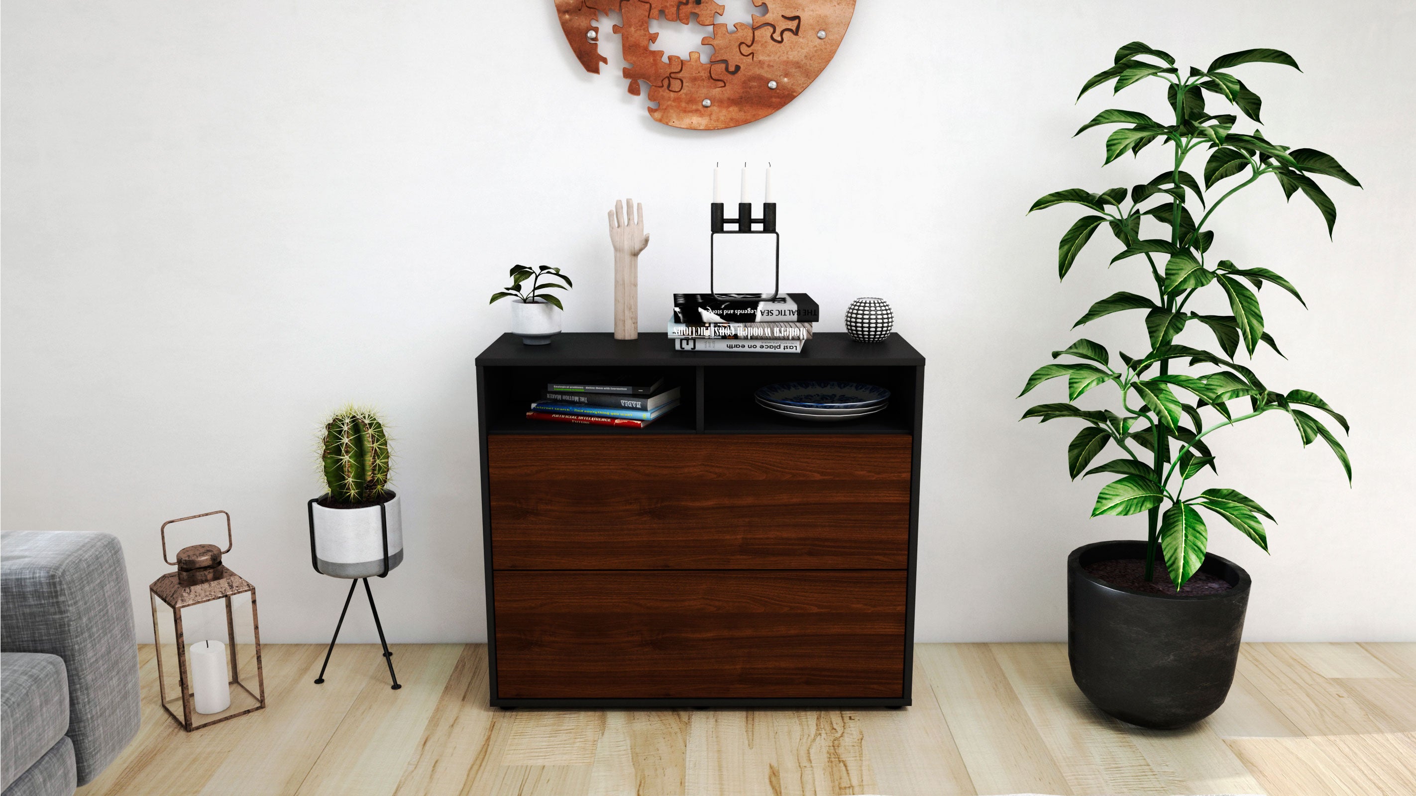 Sideboard - Cosma - Design Holzdekor - Freistehend mit Push to open  92 cm Anthrazit