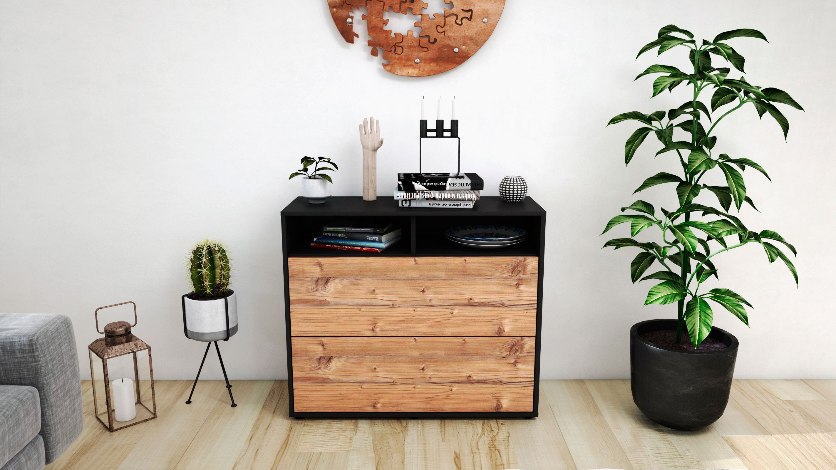 Sideboard - Cosma - Design Holzdekor - Freistehend mit Push to open  92 cm Anthrazit