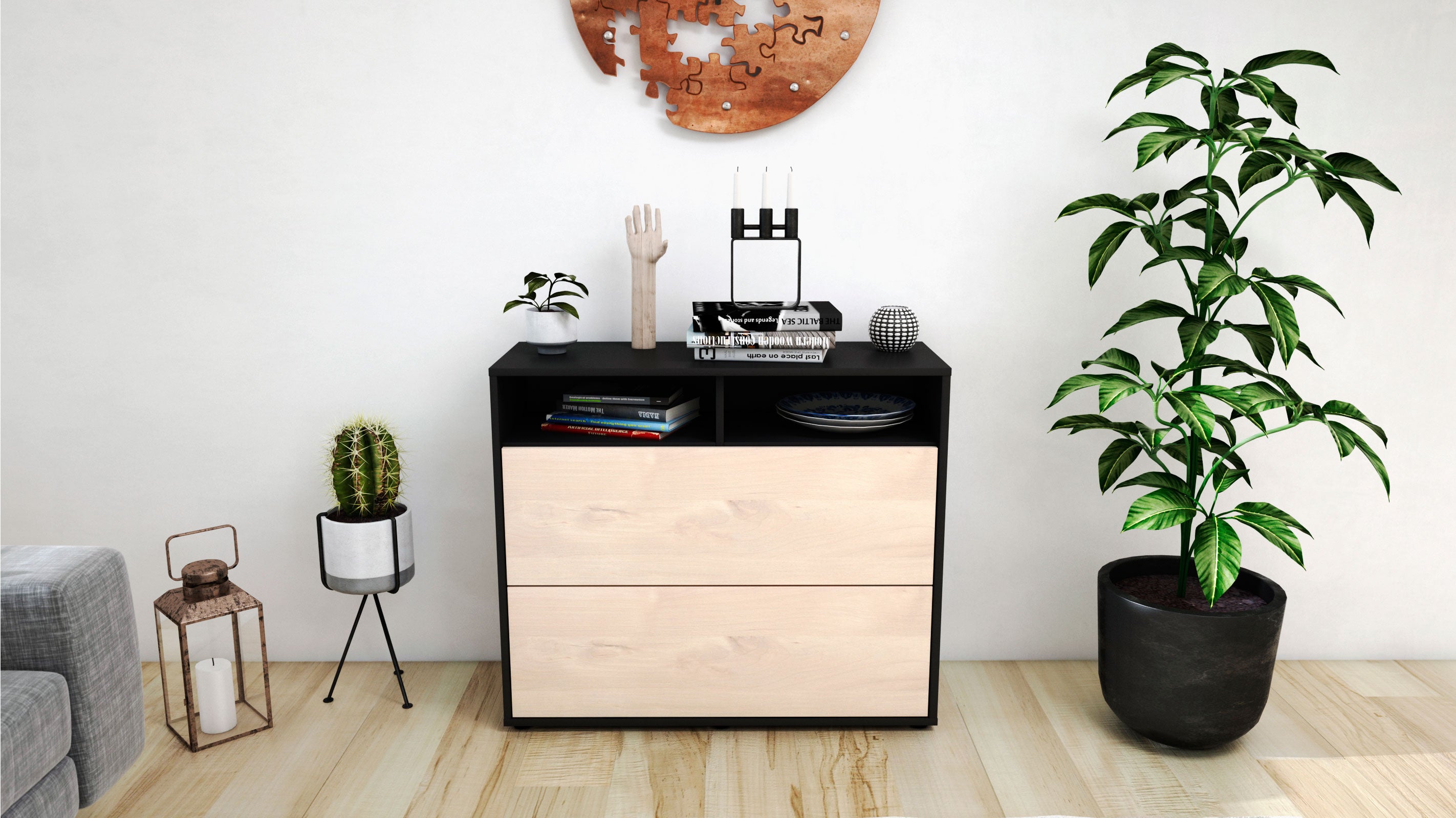 Sideboard - Cosma - Design Holzdekor - Freistehend mit Push to open  92 cm Anthrazit