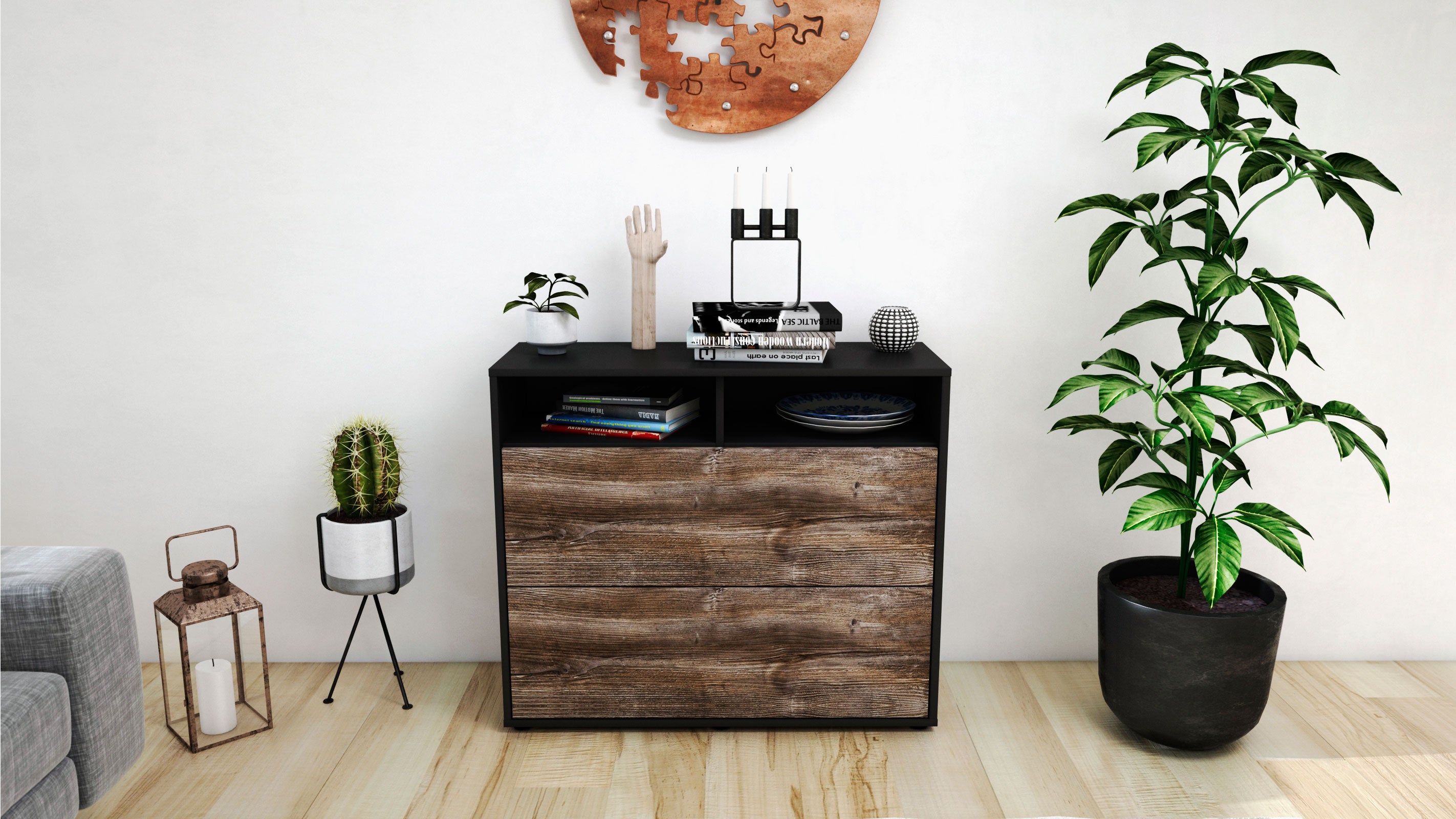 Sideboard - Cosma - Design Holzdekor - Freistehend mit Push to open  92 cm Anthrazit