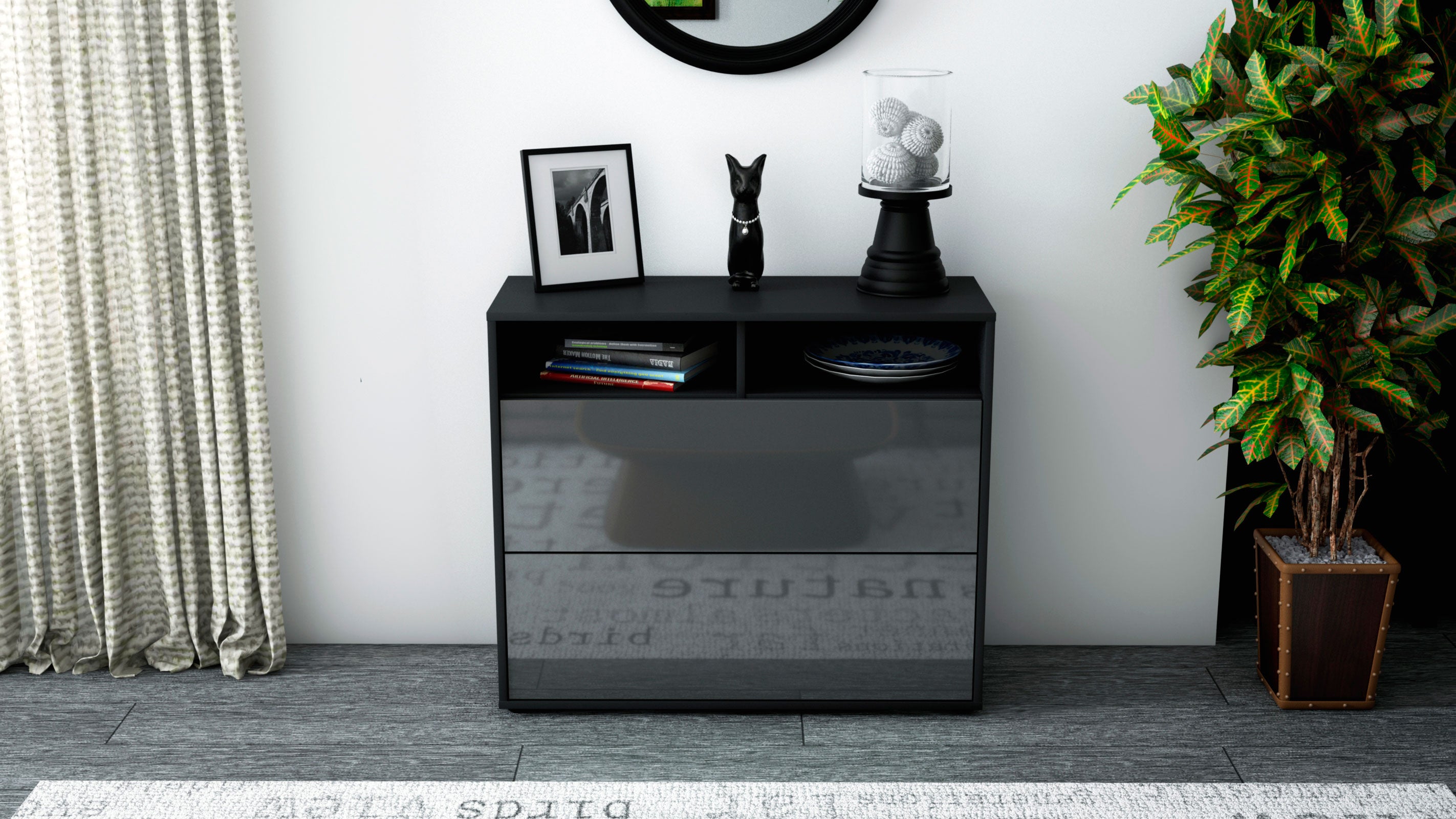 Sideboard - Cosma - Design Hochglanz - Freistehend mit Push to open  92 cm Anthrazit