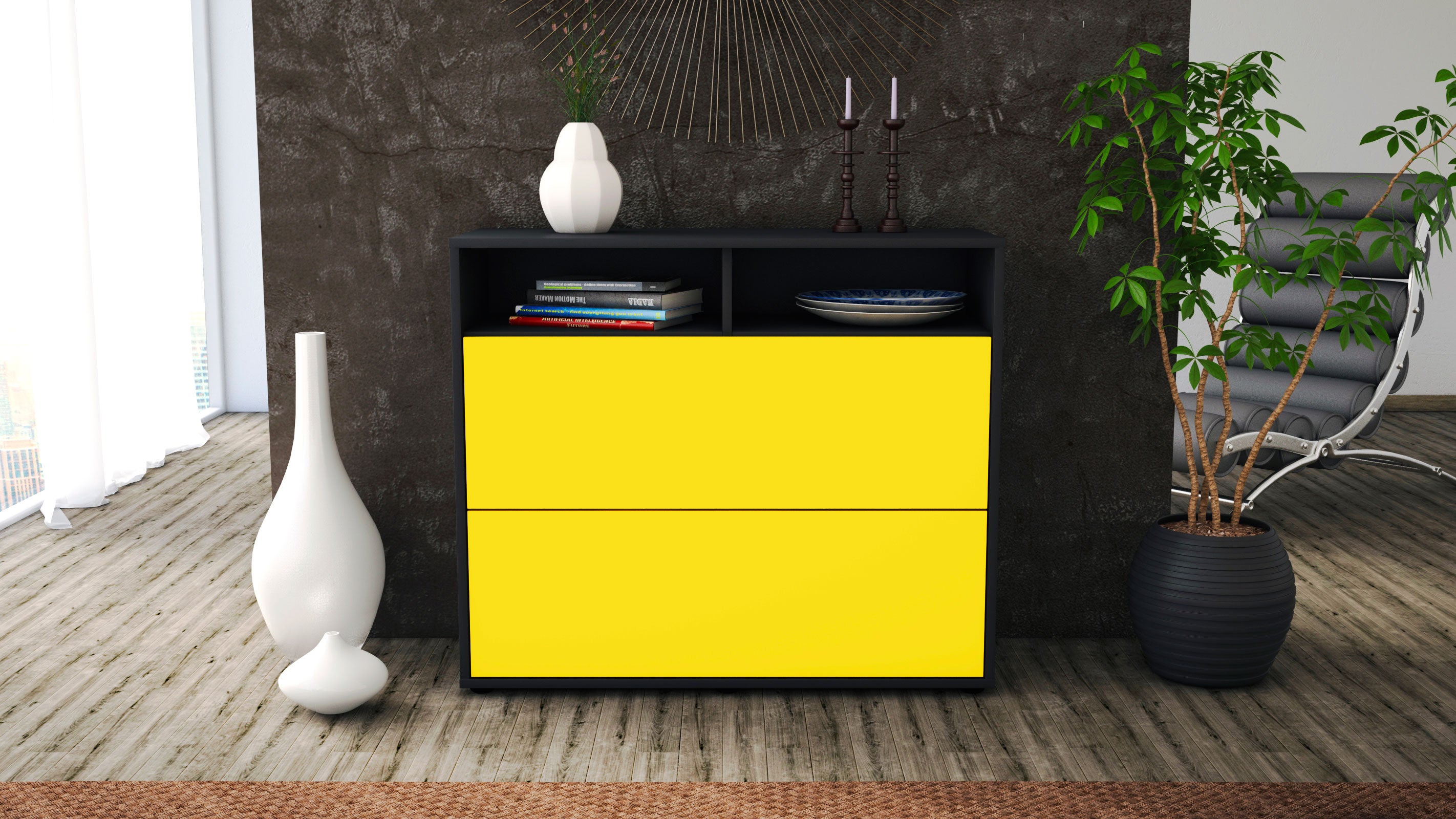 Sideboard - Cosma - Design Farbakzent - Freistehend mit Push to open  92 cm Anthrazit