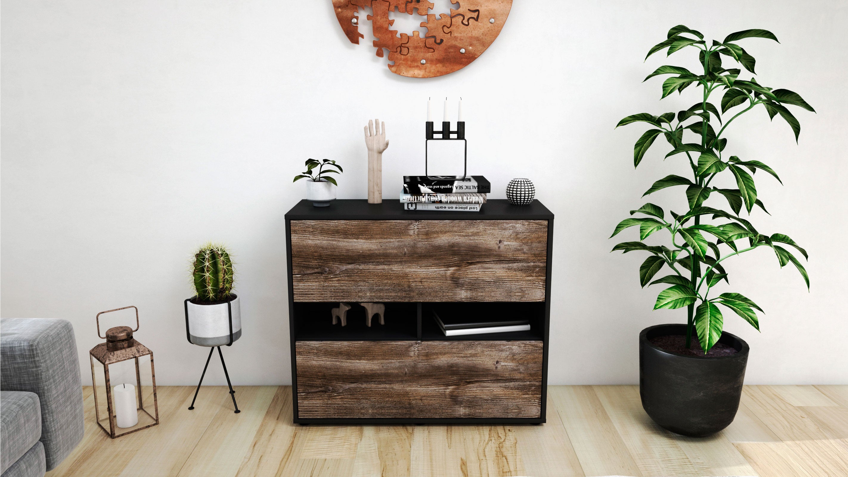 Sideboard - Dalia - Design Holzdekor - Freistehend mit Push to open  92 cm Anthrazit